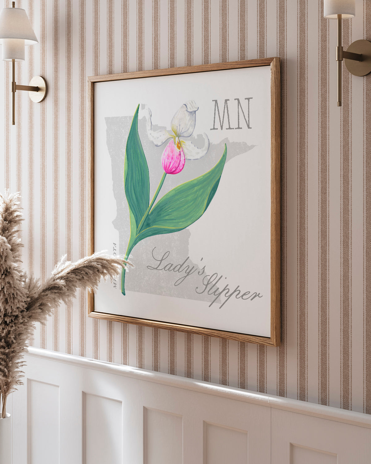 Minnesota (Lady's Slipper) state flower fine art print, classic botanical style on white background. Oak frame available.