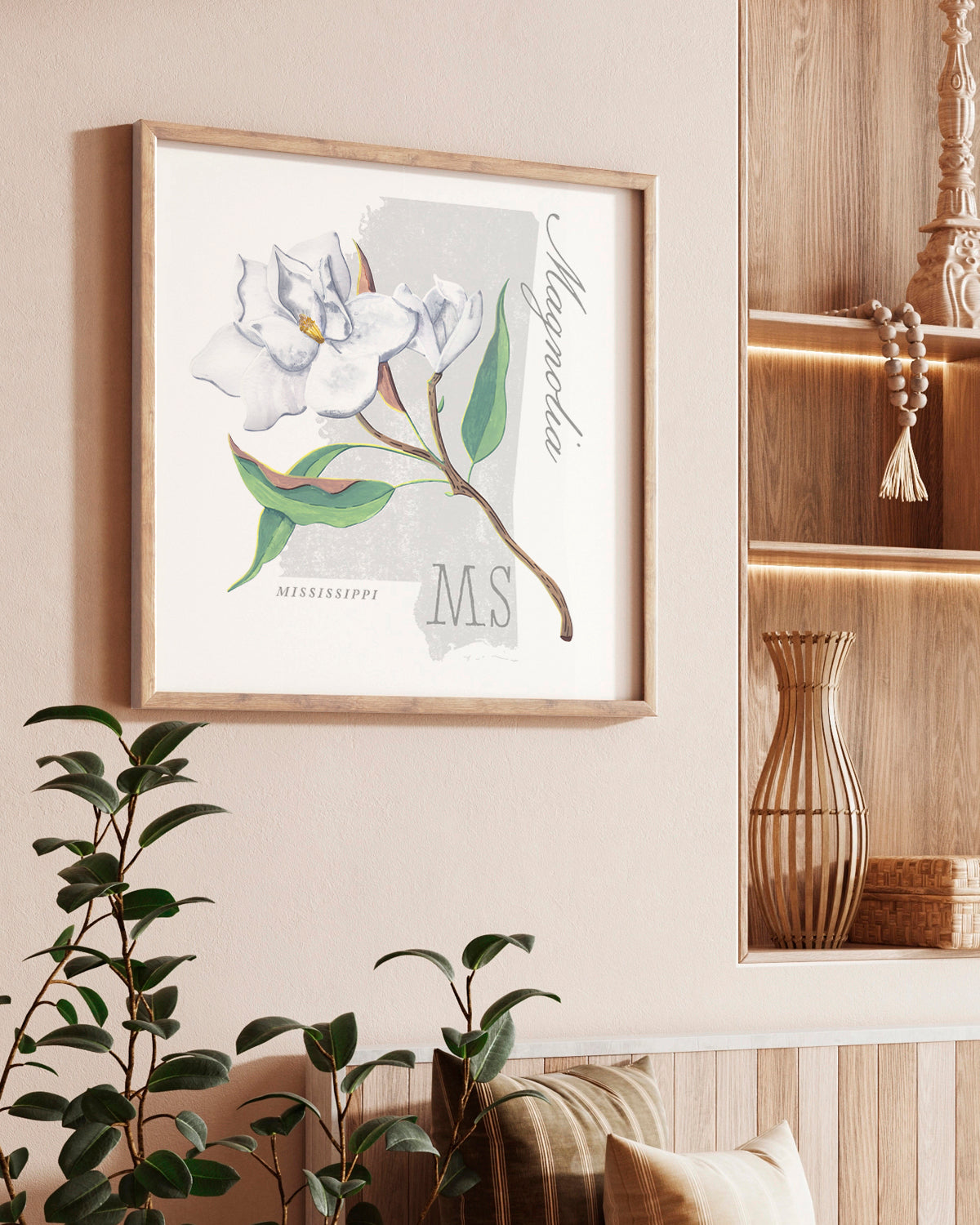 Mississippi (Magnolia) state flower fine art print, classic botanical style on white background. Oak frame available.