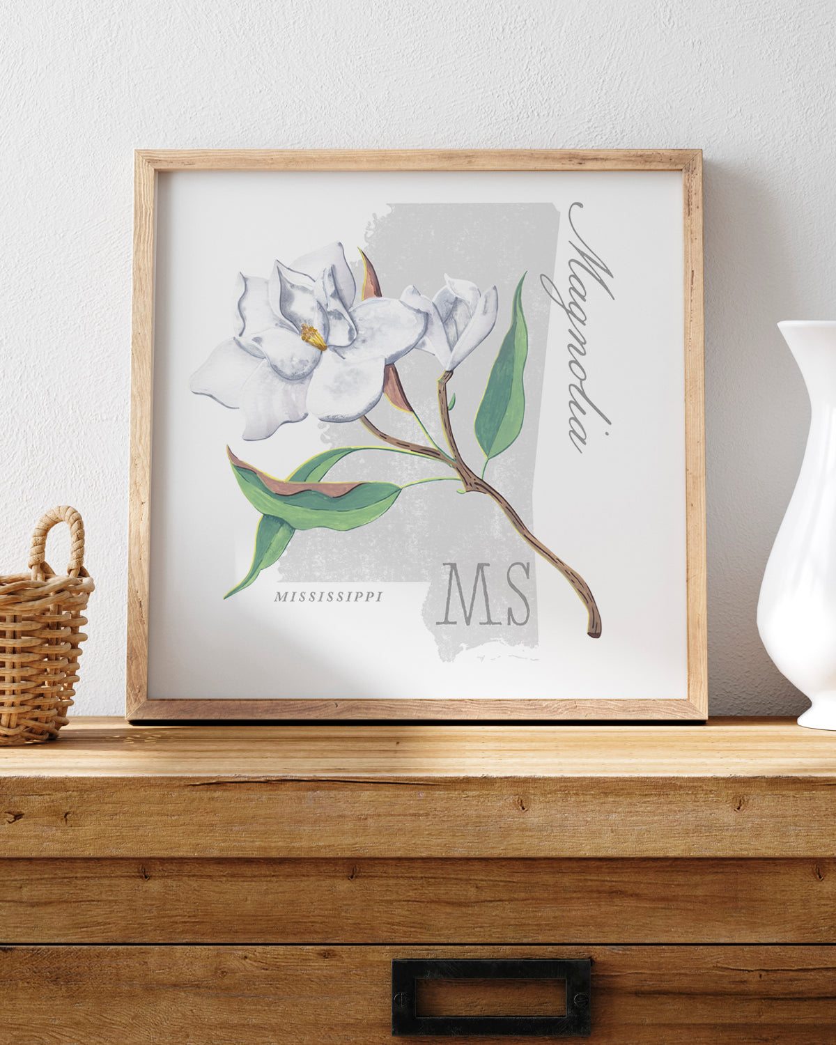 Mississippi (Magnolia) state flower fine art print, classic botanical style on white background. Oak frame available.