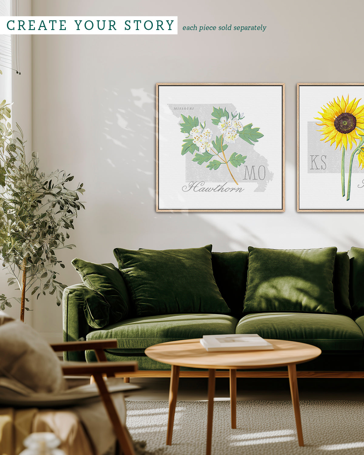 Missouri (Hawthorn) state flower fine art print, classic botanical style on white background. Oak frame available.