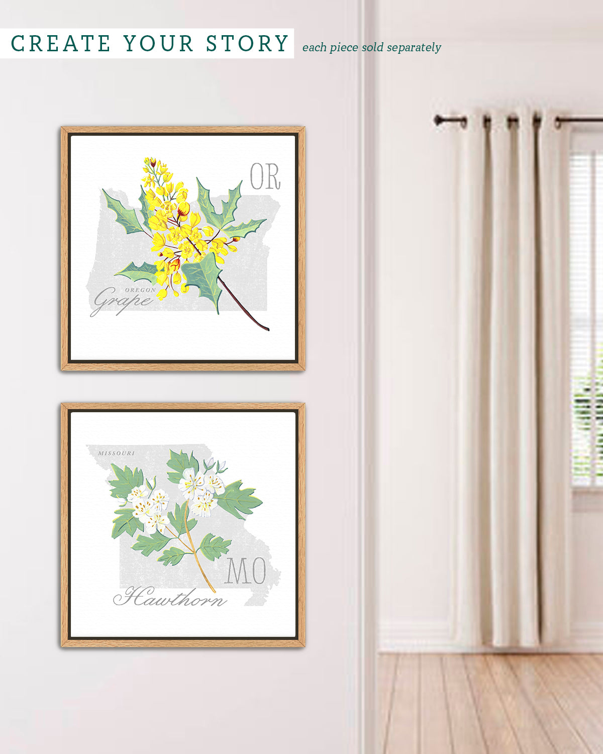 Missouri (Hawthorn) state flower fine art print, classic botanical style on white background. Oak frame available.