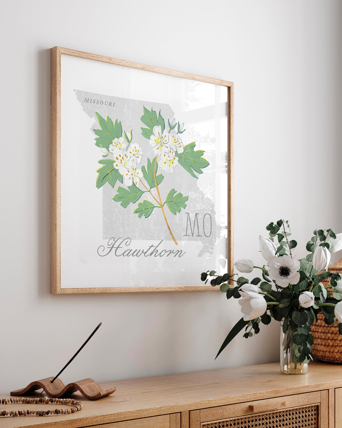 Missouri (Hawthorn) state flower fine art print, classic botanical style on white background. Oak frame available.