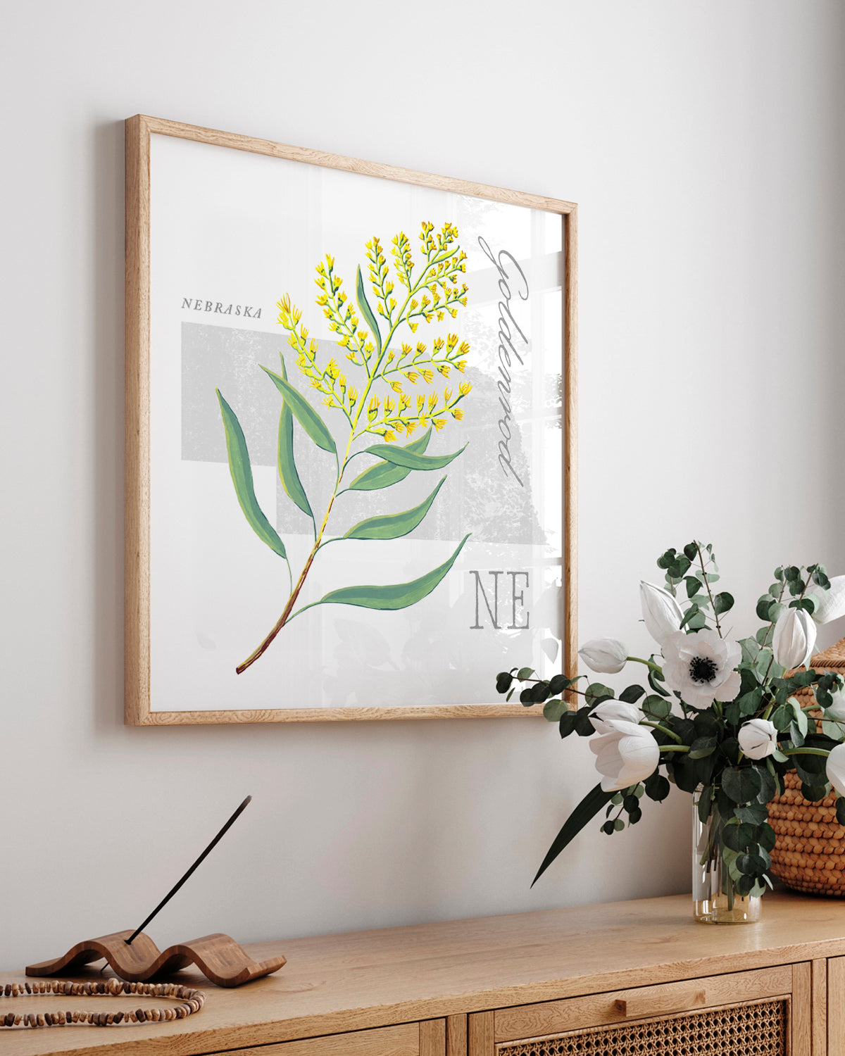 Nebraska (Goldenrod) state flower fine art print, classic botanical style on white background. Oak frame available.