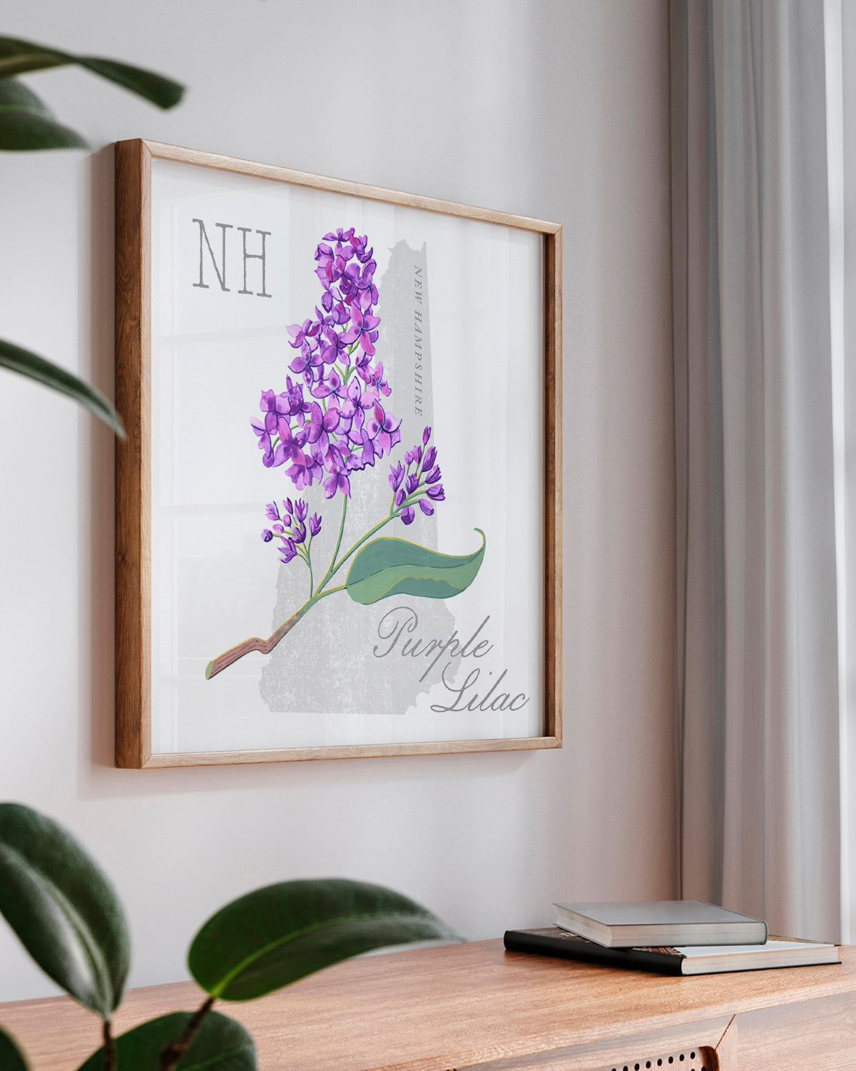 New Hampshire (Purple Lilac) state flower fine art print, classic botanical style on white background. Oak frame available.