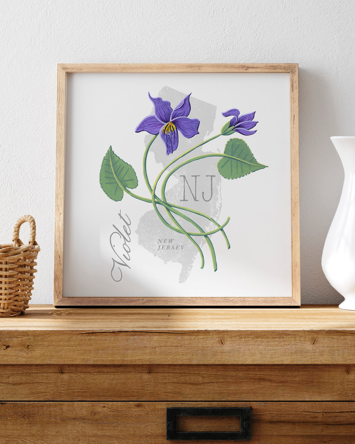 New Jersey (Violet) state flower fine art print, classic botanical style on white background. Oak frame available.