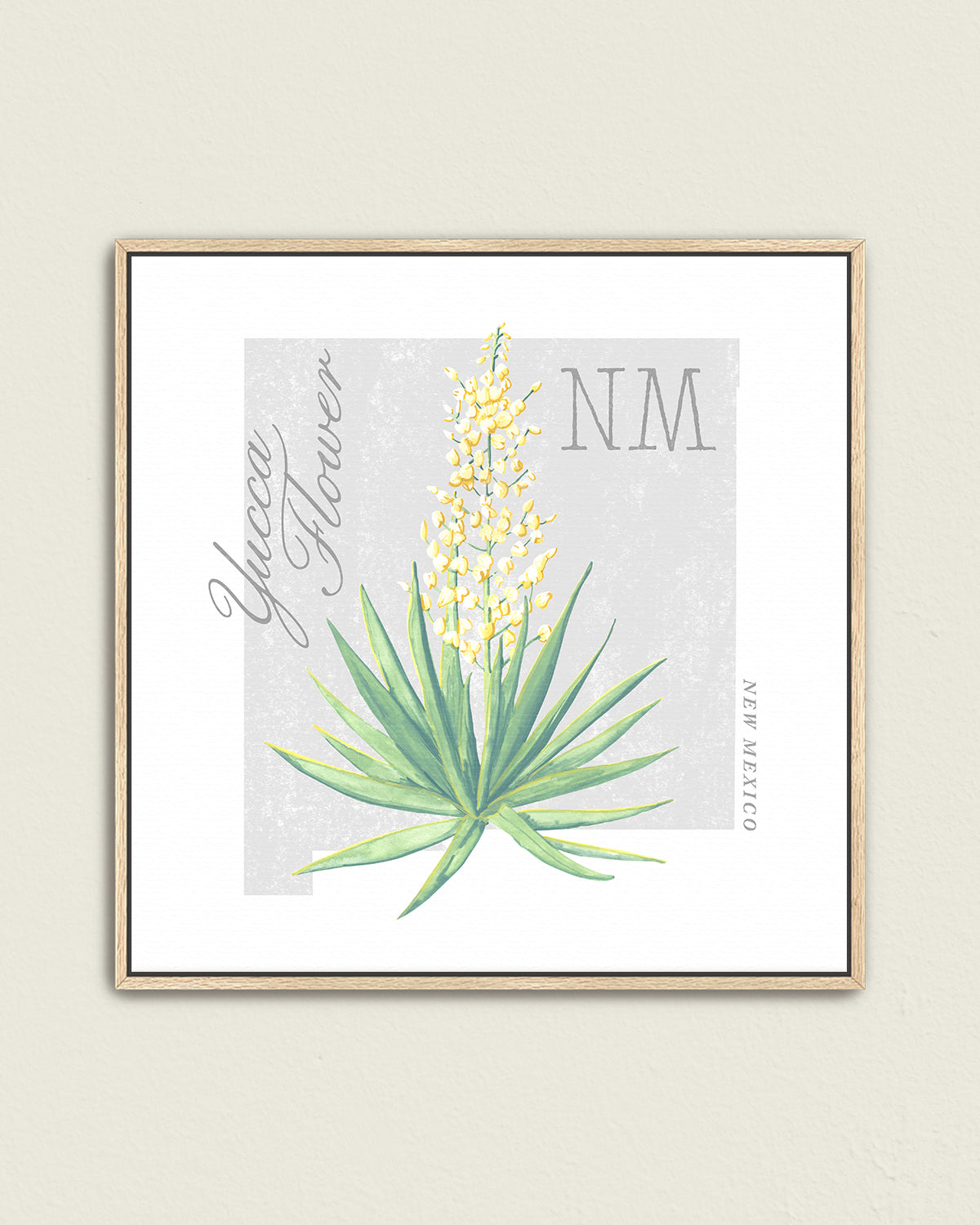 New Mexico (Yucca Flower) state flower fine art print, classic botanical style on white background. Oak frame available.