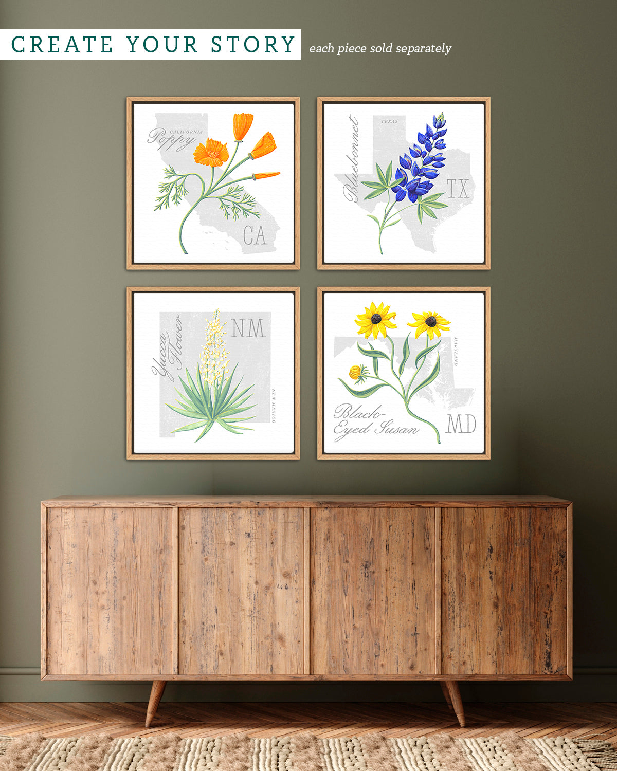 New Mexico (Yucca Flower) state flower fine art print, classic botanical style on white background. Oak frame available.