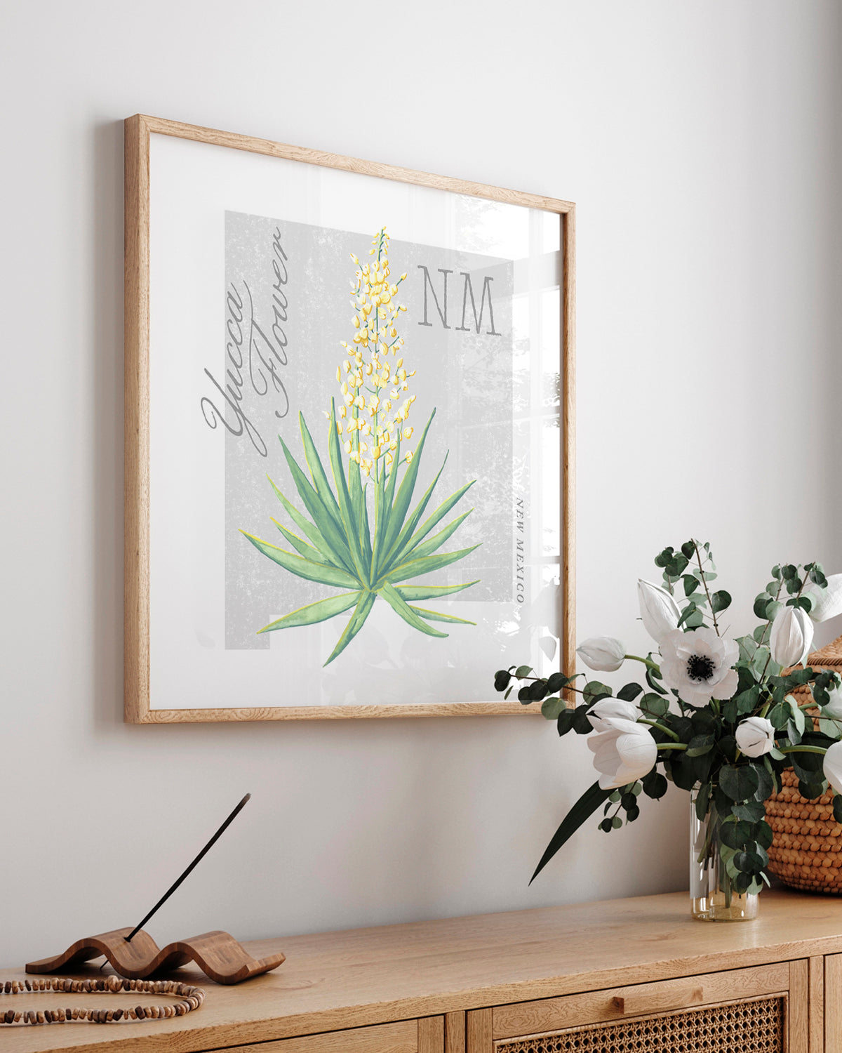 New Mexico (Yucca Flower) state flower fine art print, classic botanical style on white background. Oak frame available.