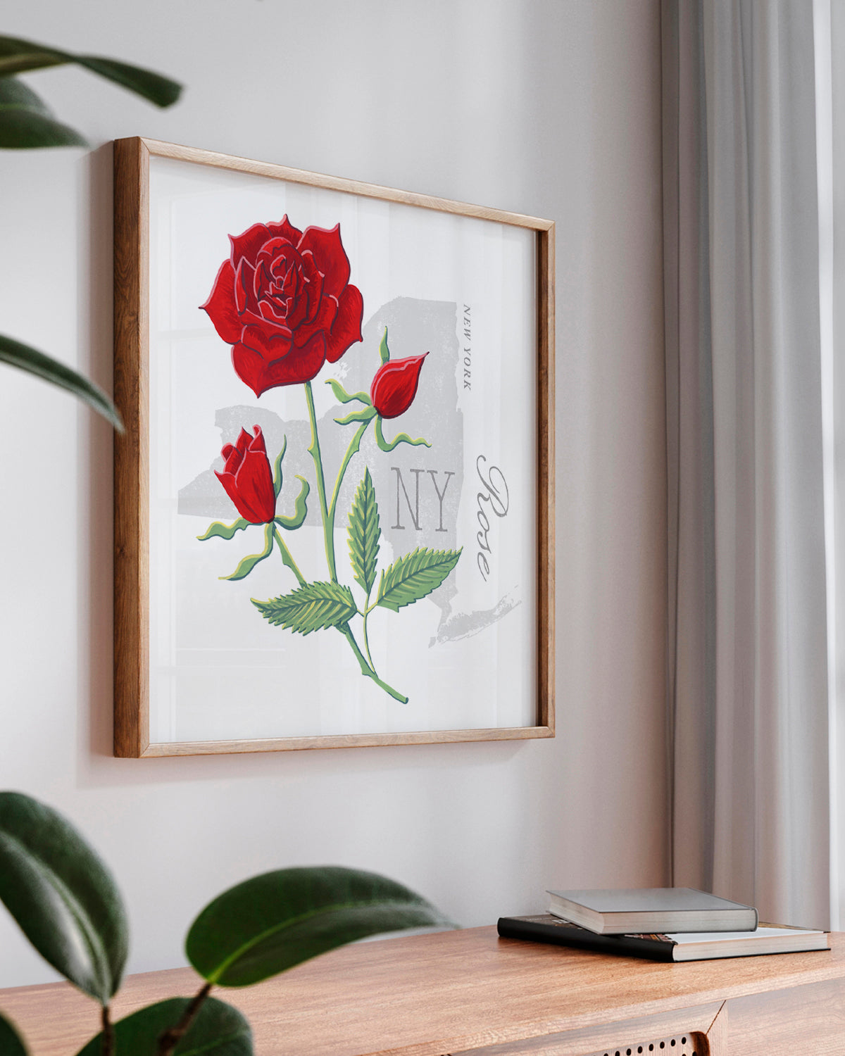 New York (Rose) state flower fine art print, classic botanical style on white background. Oak frame available.