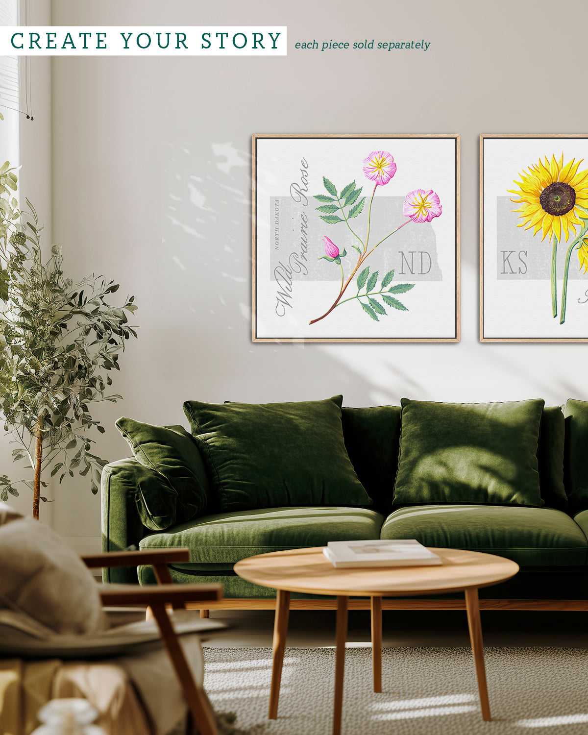 North Dakota (Wild Prairie Rose) state flower fine art print, classic botanical style on white background. Oak frame available.
