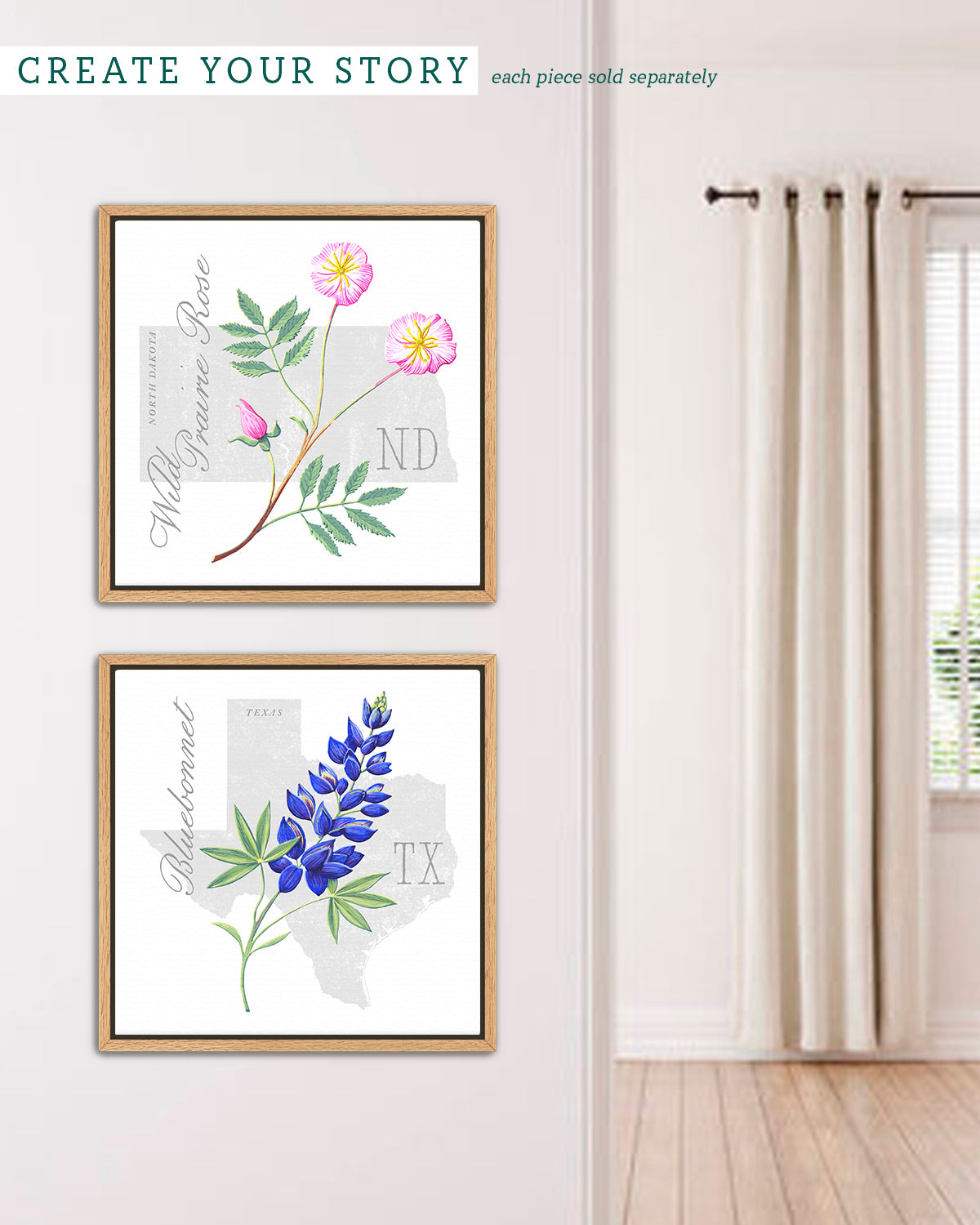 North Dakota (Wild Prairie Rose) state flower fine art print, classic botanical style on white background. Oak frame available.