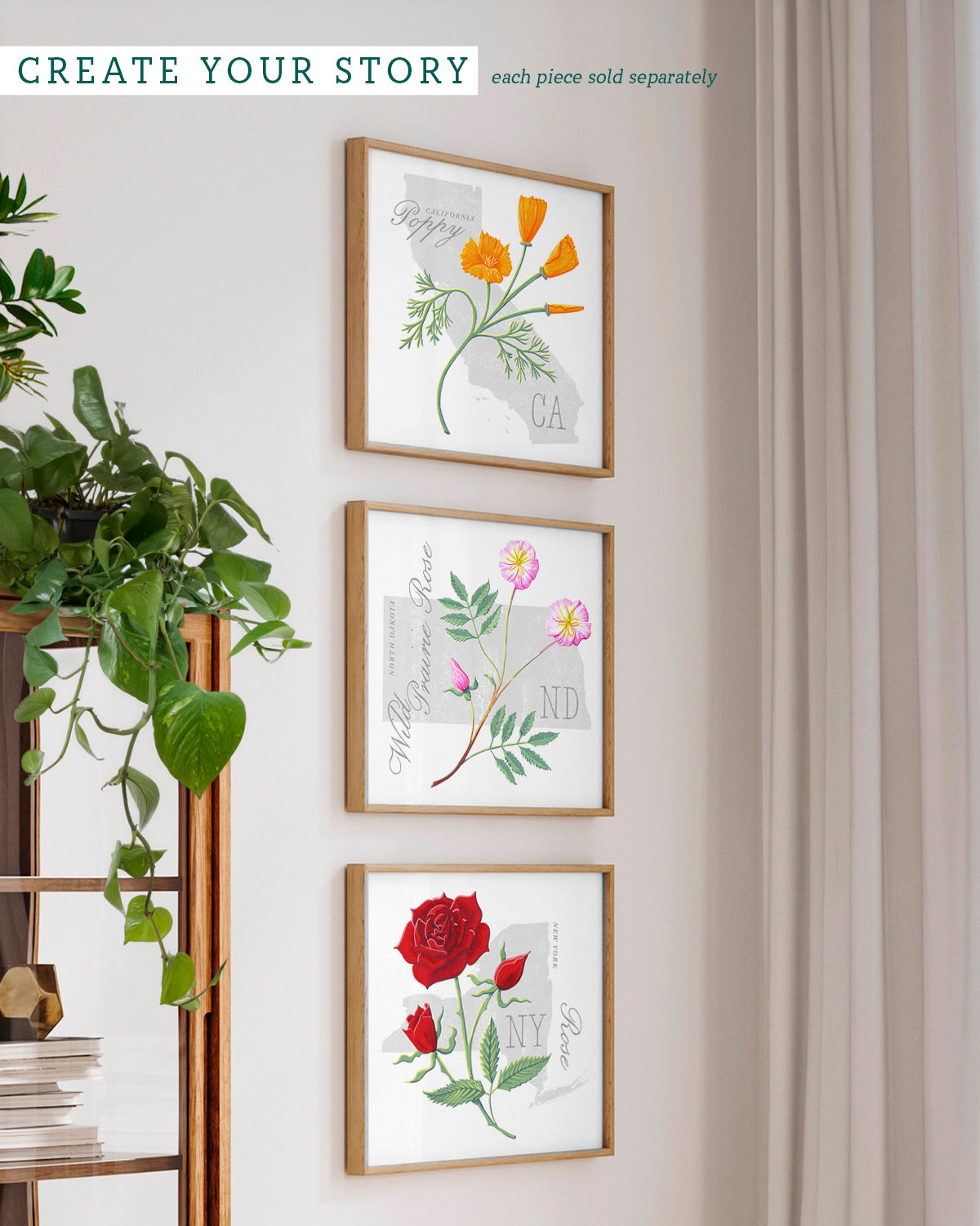 North Dakota (Wild Prairie Rose) state flower fine art print, classic botanical style on white background. Oak frame available.