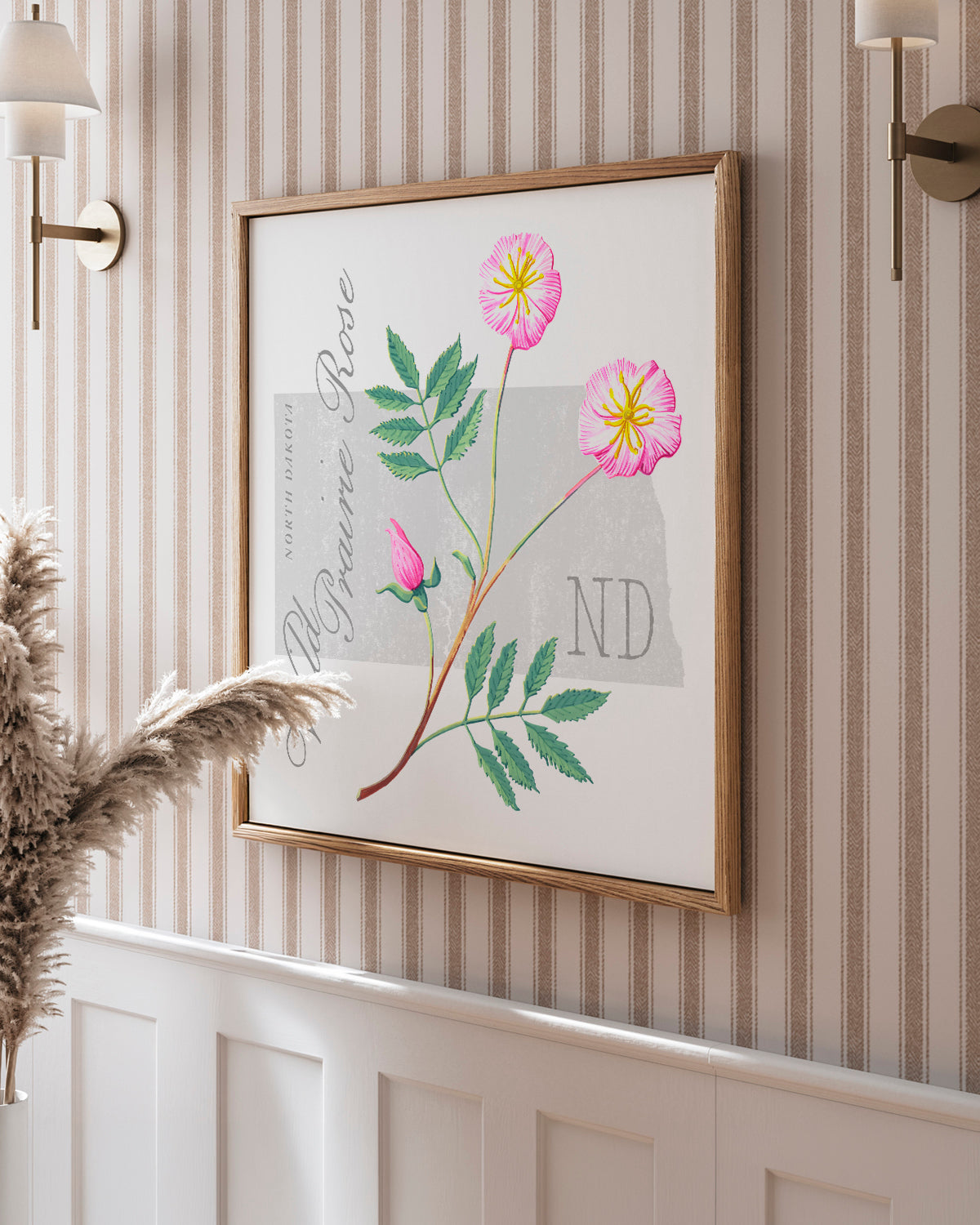 North Dakota (Wild Prairie Rose) state flower fine art print, classic botanical style on white background. Oak frame available.