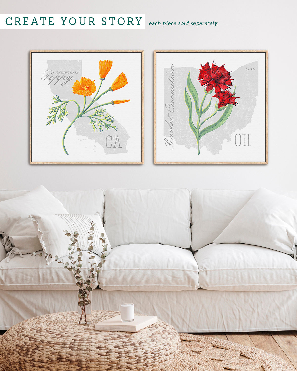 Ohio (Scarlet Carnation) state flower fine art print, classic botanical style on white background. Oak frame available.