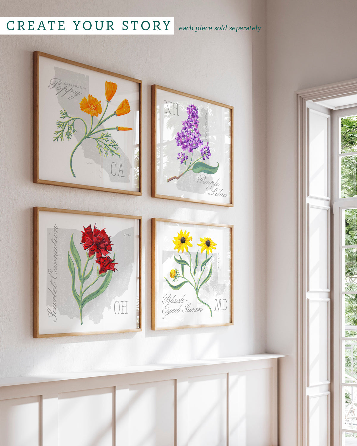 Ohio (Scarlet Carnation) state flower fine art print, classic botanical style on white background. Oak frame available.