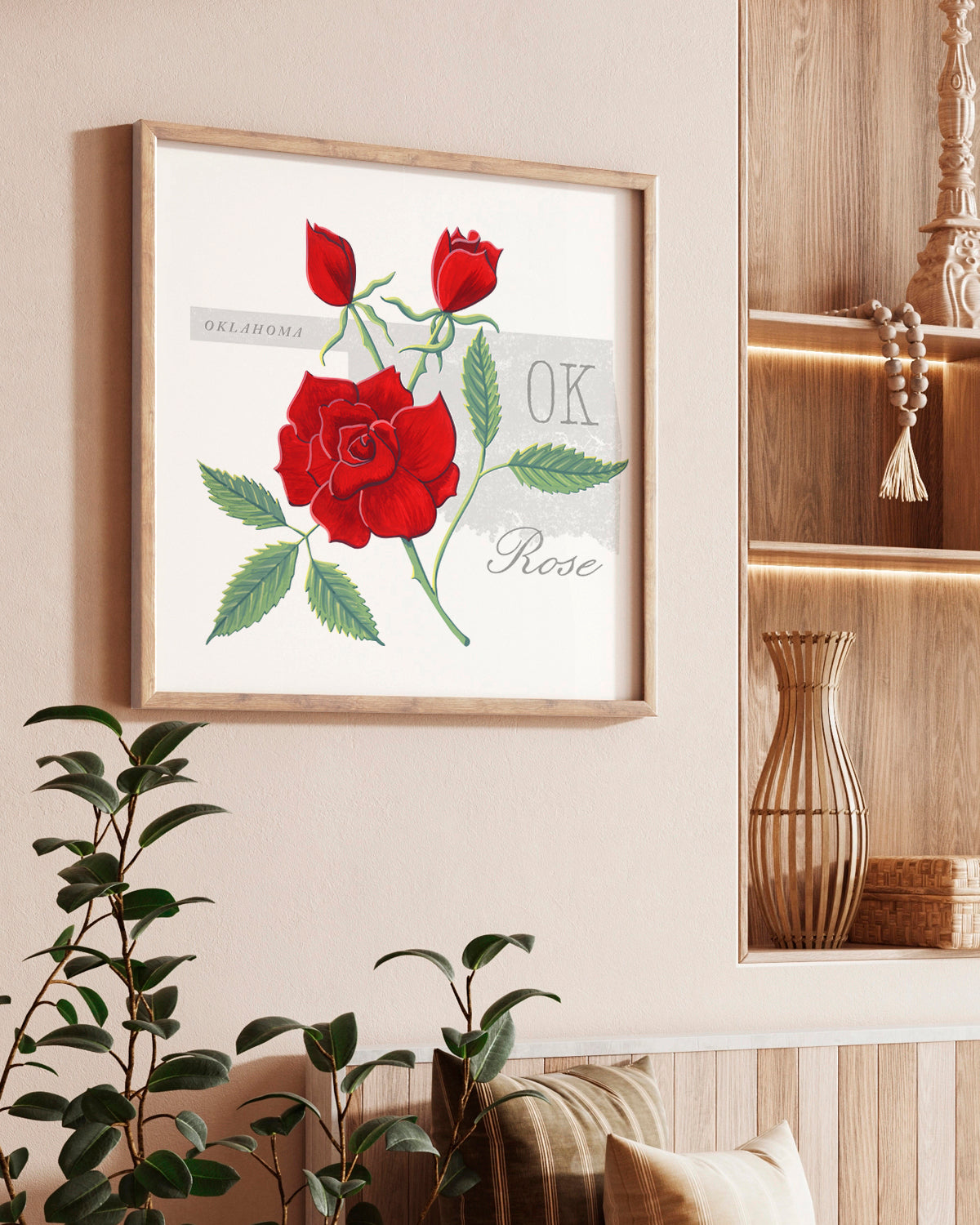 Oklahoma (Rose) state flower fine art print, classic botanical style on white background. Oak frame available.