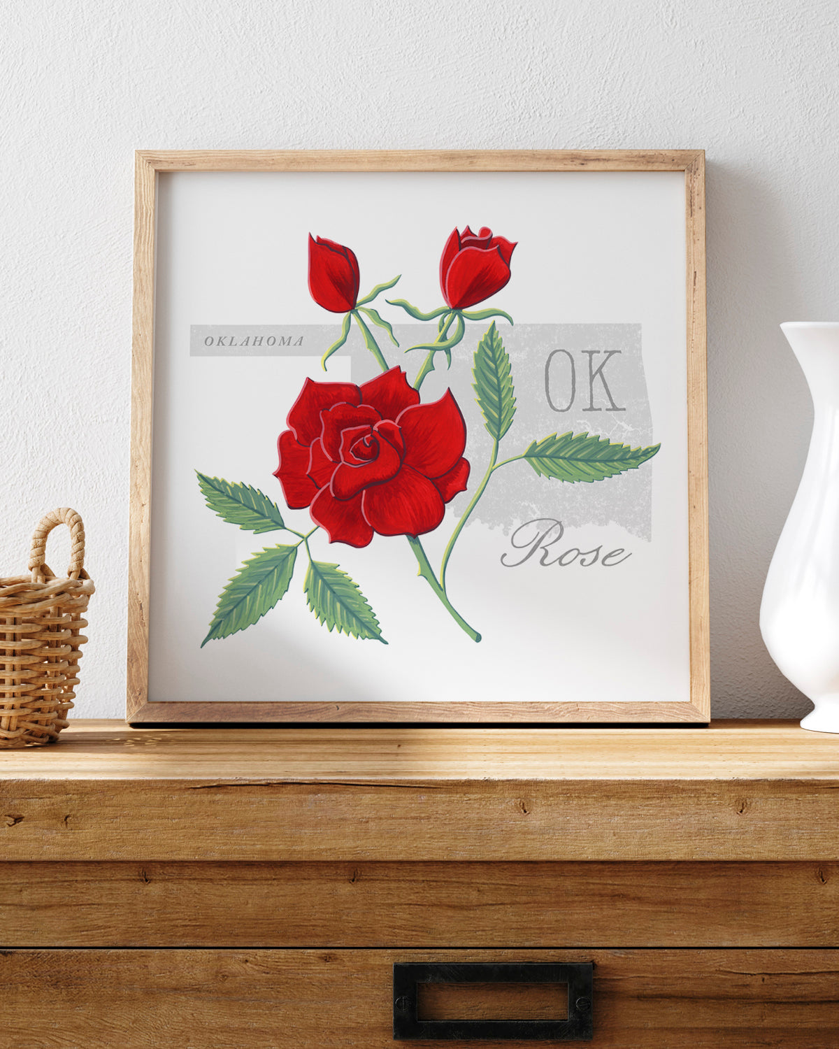 Oklahoma (Rose) state flower fine art print, classic botanical style on white background. Oak frame available.