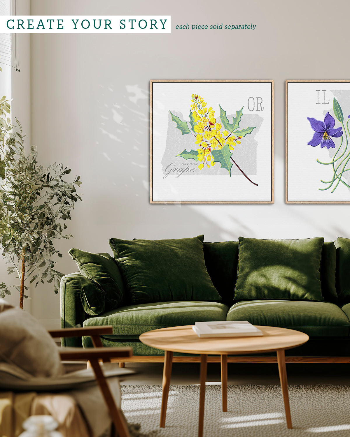Oregon (Oregon Grape) state flower fine art print, classic botanical style on white background. Oak frame available.