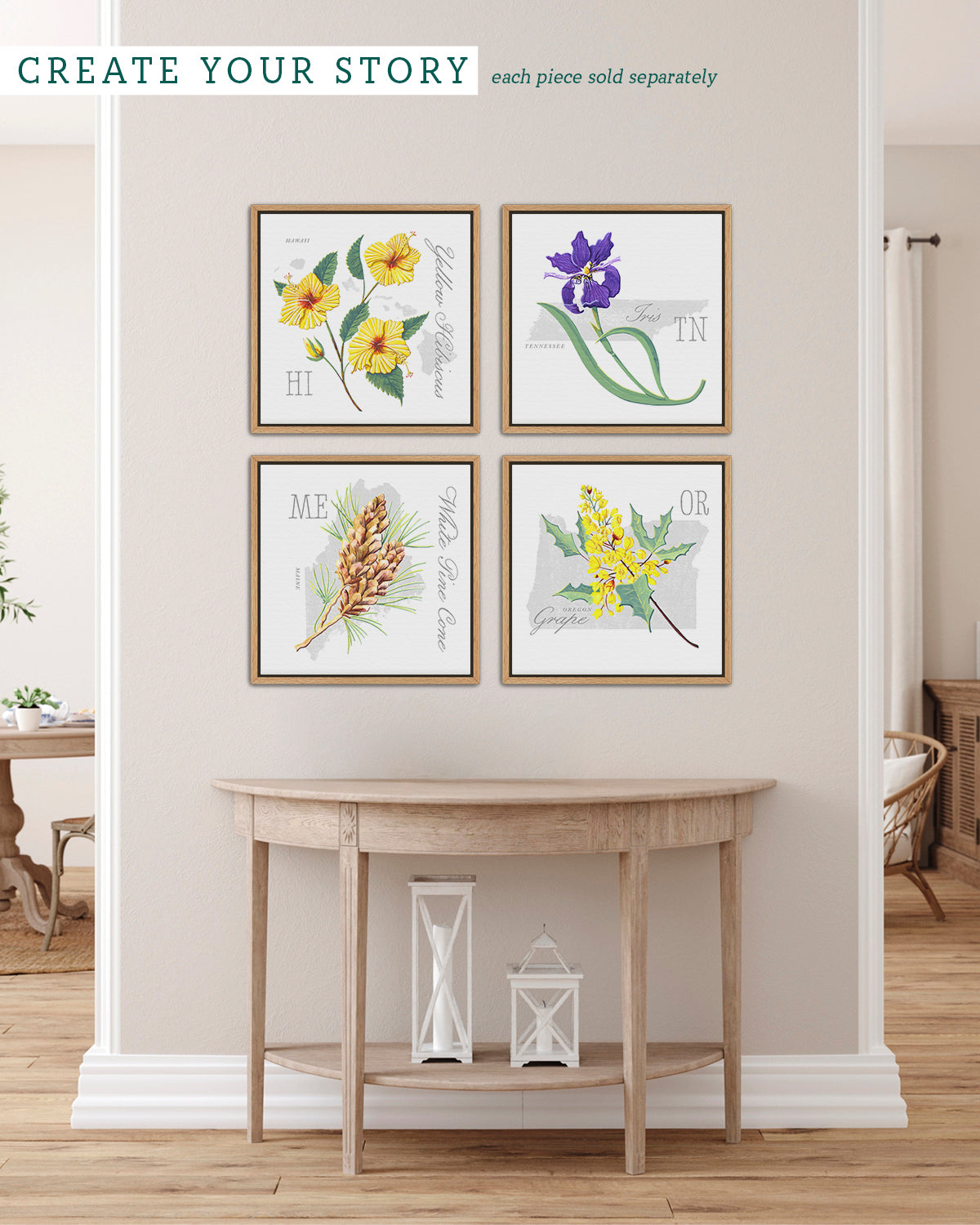 Oregon (Oregon Grape) state flower fine art print, classic botanical style on white background. Oak frame available.