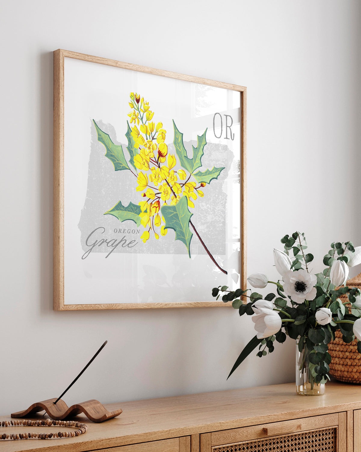 Oregon (Oregon Grape) state flower fine art print, classic botanical style on white background. Oak frame available.
