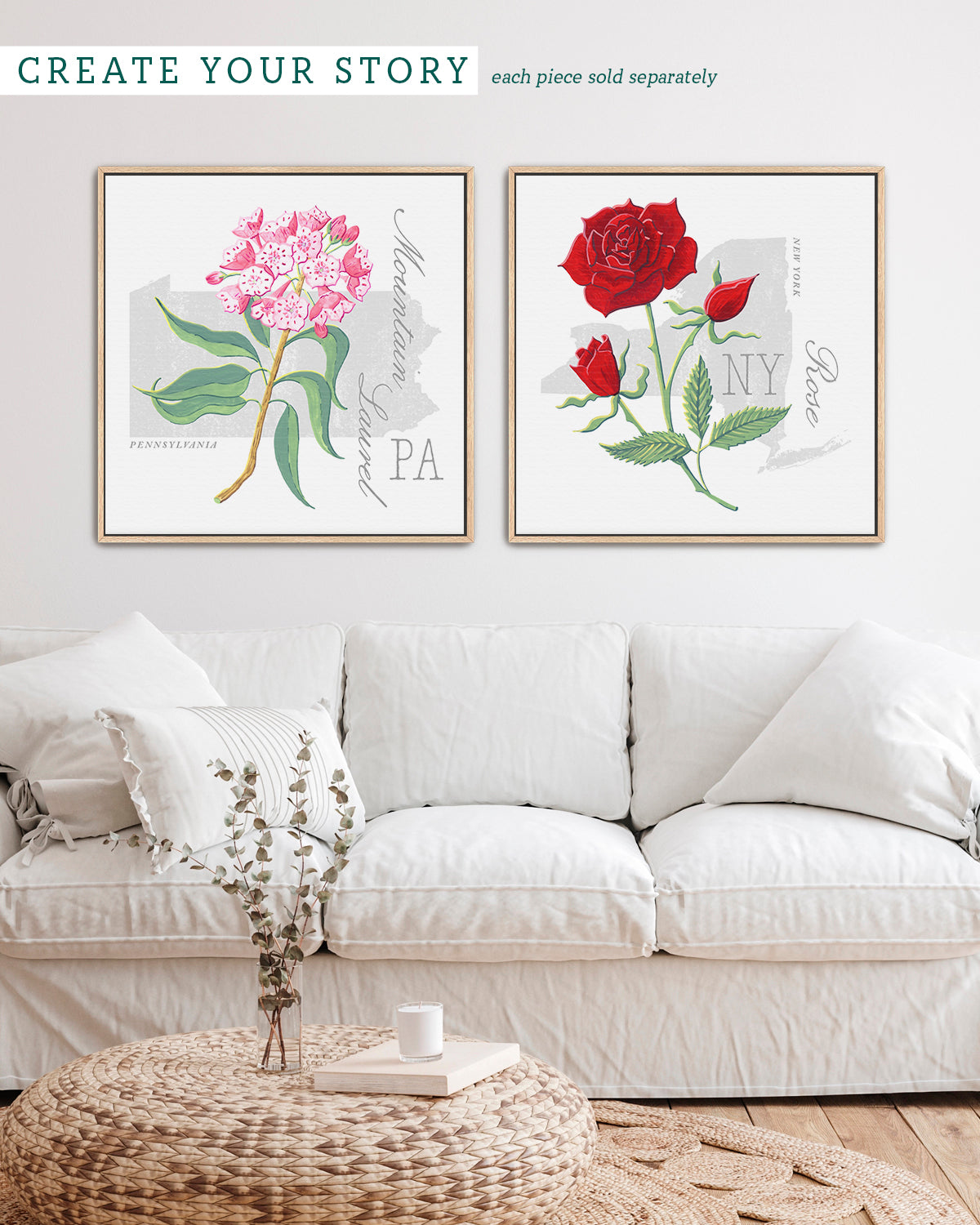 Pennsylvania (Mountain Laurel) state flower fine art print, classic botanical style on white background. Oak frame available.