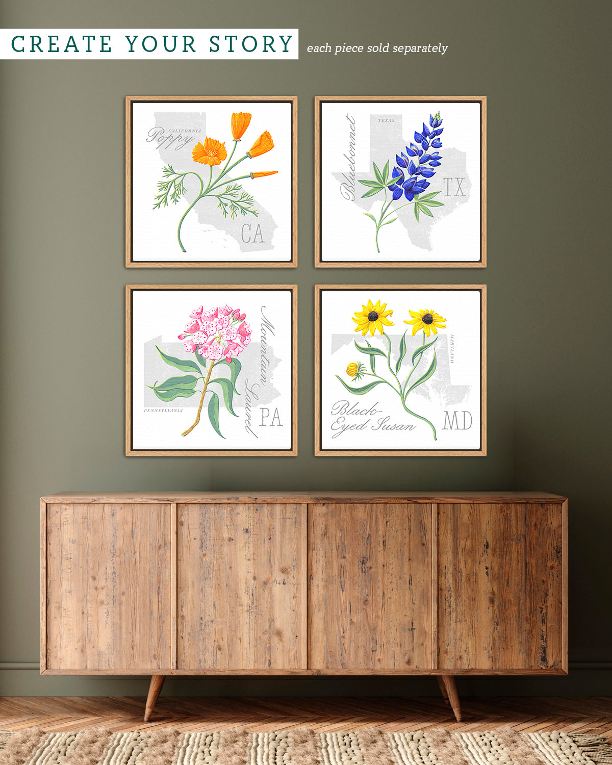 Pennsylvania (Mountain Laurel) state flower fine art print, classic botanical style on white background. Oak frame available.
