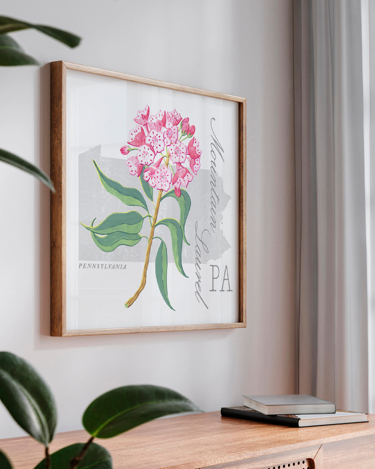 Pennsylvania (Mountain Laurel) state flower fine art print, classic botanical style on white background. Oak frame available.