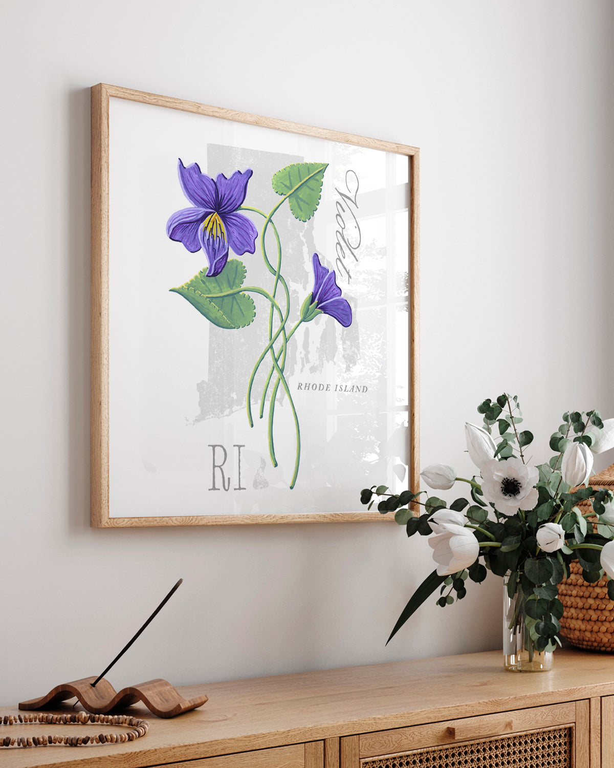 Rhode Island (Violet) state flower fine art print, classic botanical style on white background. Oak frame available.