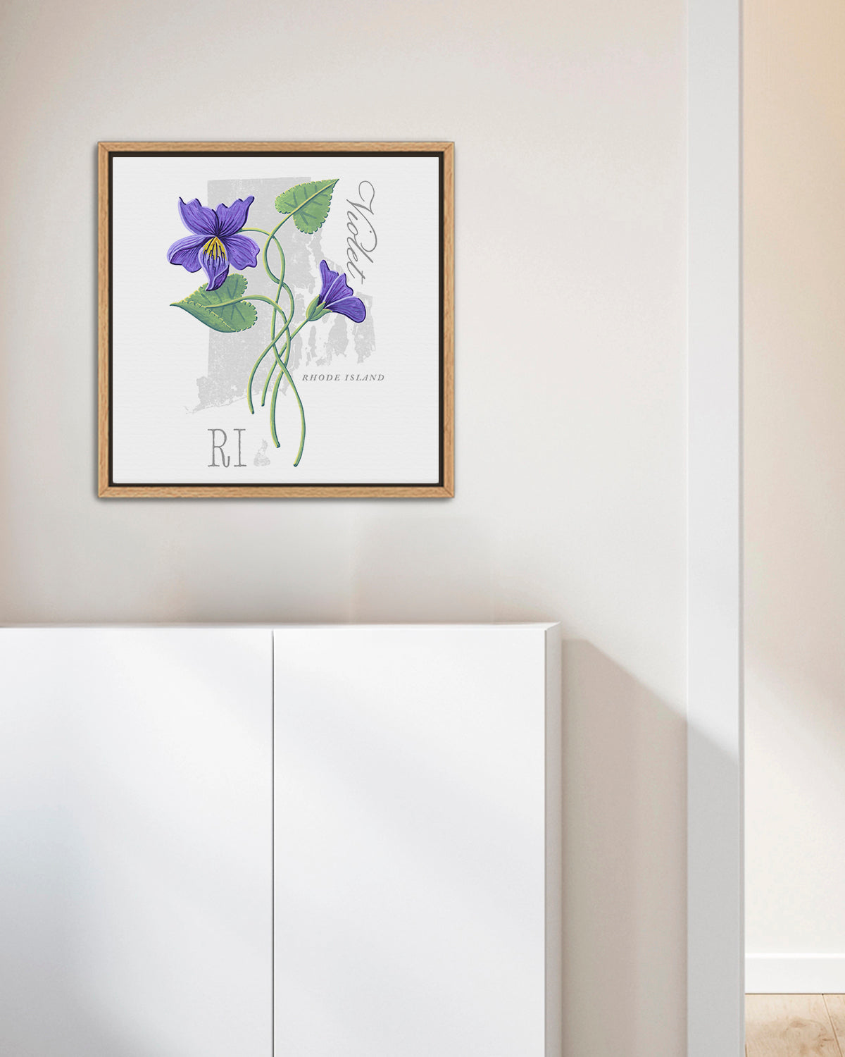 Rhode Island (Violet) state flower fine art print, classic botanical style on white background. Oak frame available.