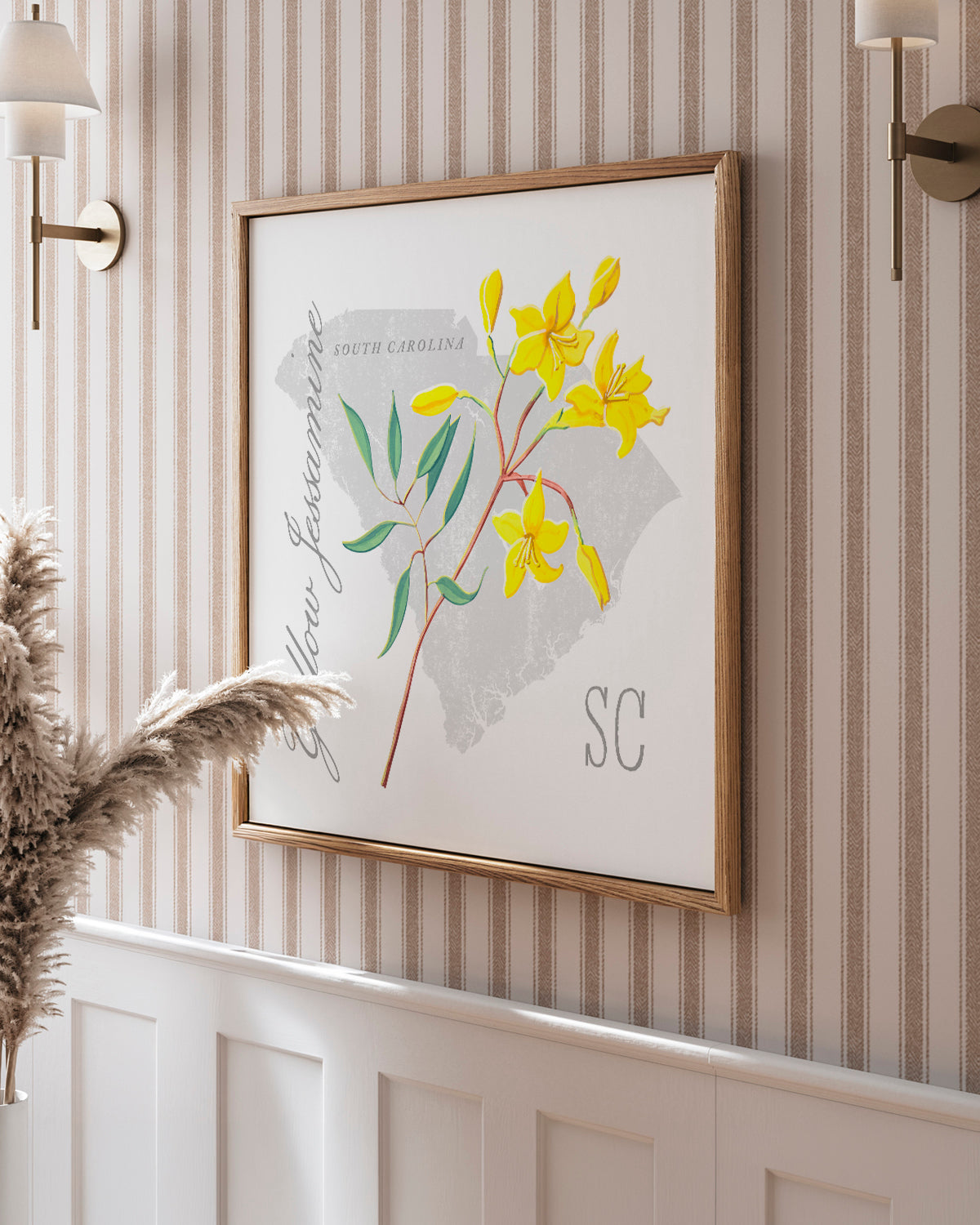 South Carolina (Yellow Jessamine) state flower fine art print, classic botanical style on white background. Oak frame available.