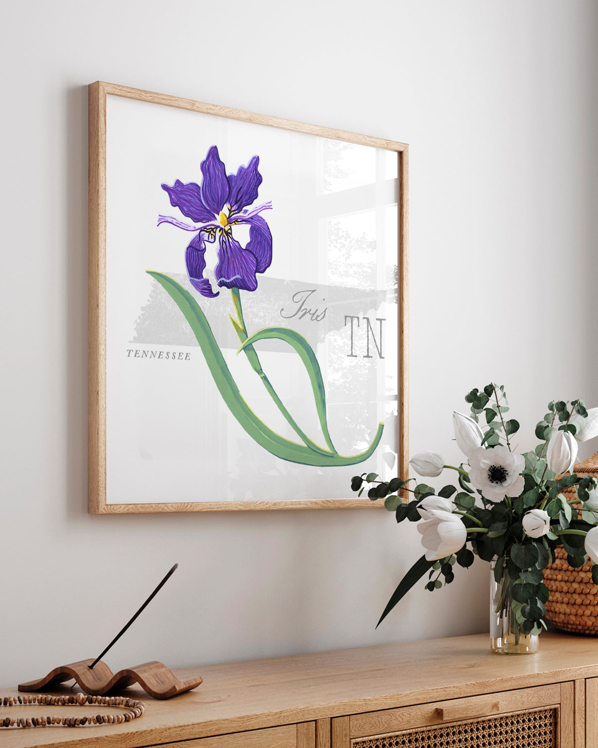 Tennessee (Iris) state flower fine art print, classic botanical style on white background. Oak frame available.