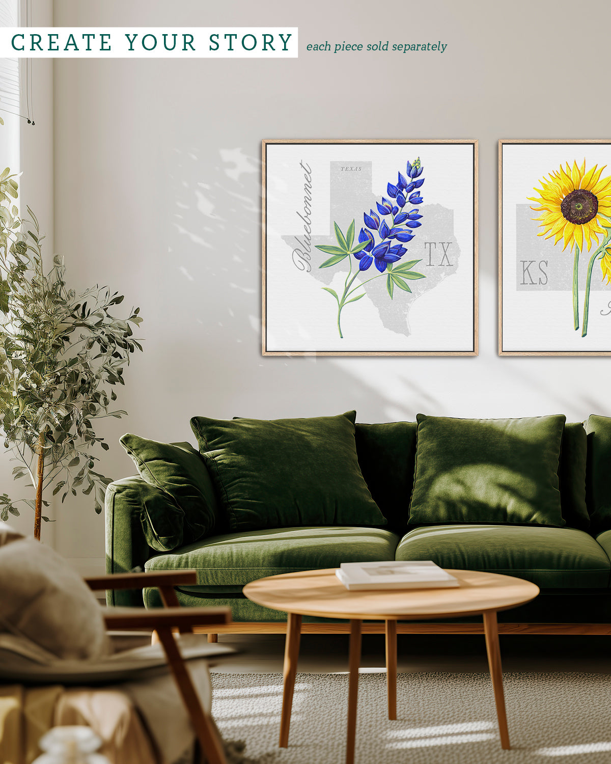 Texas (Bluebonnet) state flower fine art print, classic botanical style on white background. Oak frame available.
