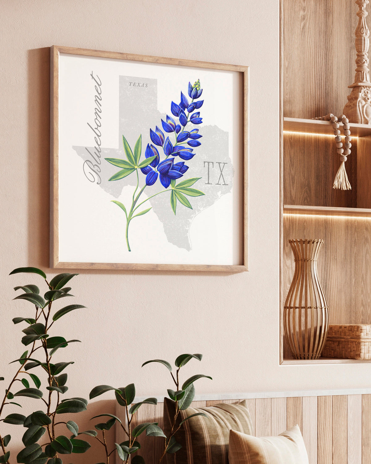 Texas (Bluebonnet) state flower fine art print, classic botanical style on white background. Oak frame available.