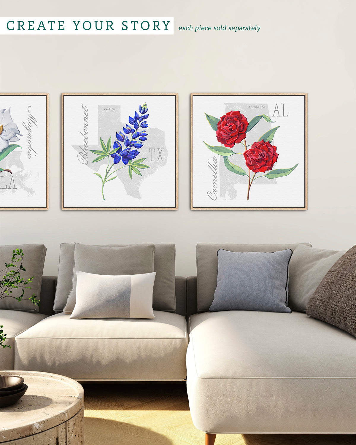 Texas (Bluebonnet) state flower fine art print, classic botanical style on white background. Oak frame available.