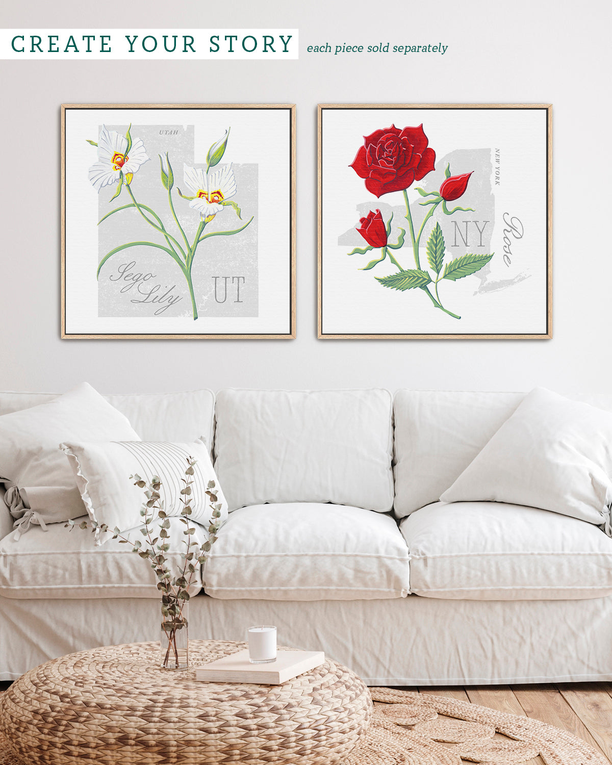 Utah (Sego Lily) state flower fine art print, classic botanical style on white background. Oak frame available.