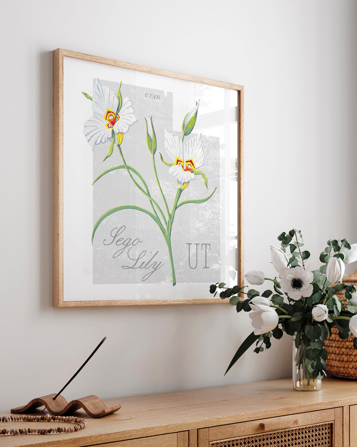 Utah (Sego Lily) state flower fine art print, classic botanical style on white background. Oak frame available.