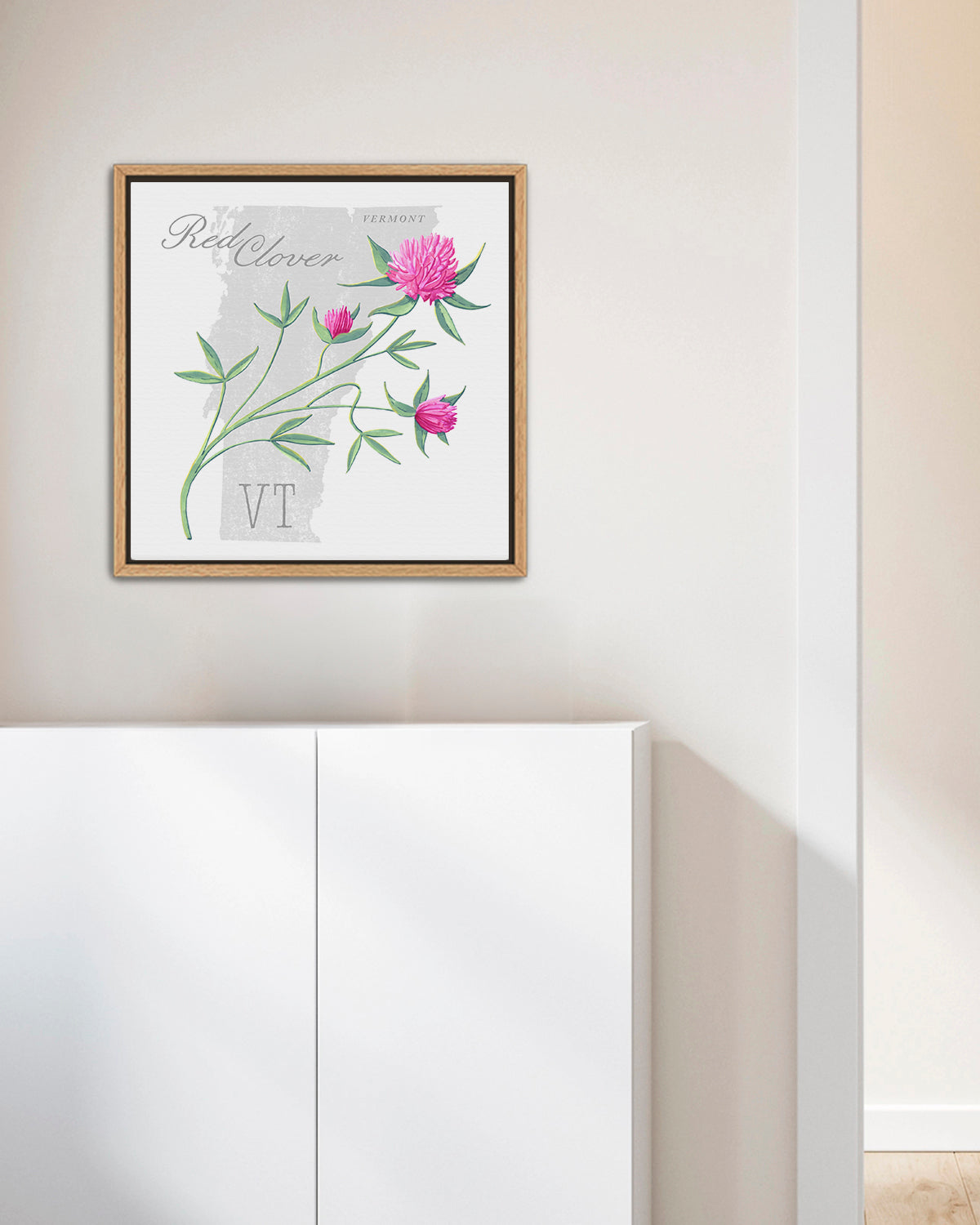 Vermont (Red Clover) state flower fine art print, classic botanical style on white background. Oak frame available.