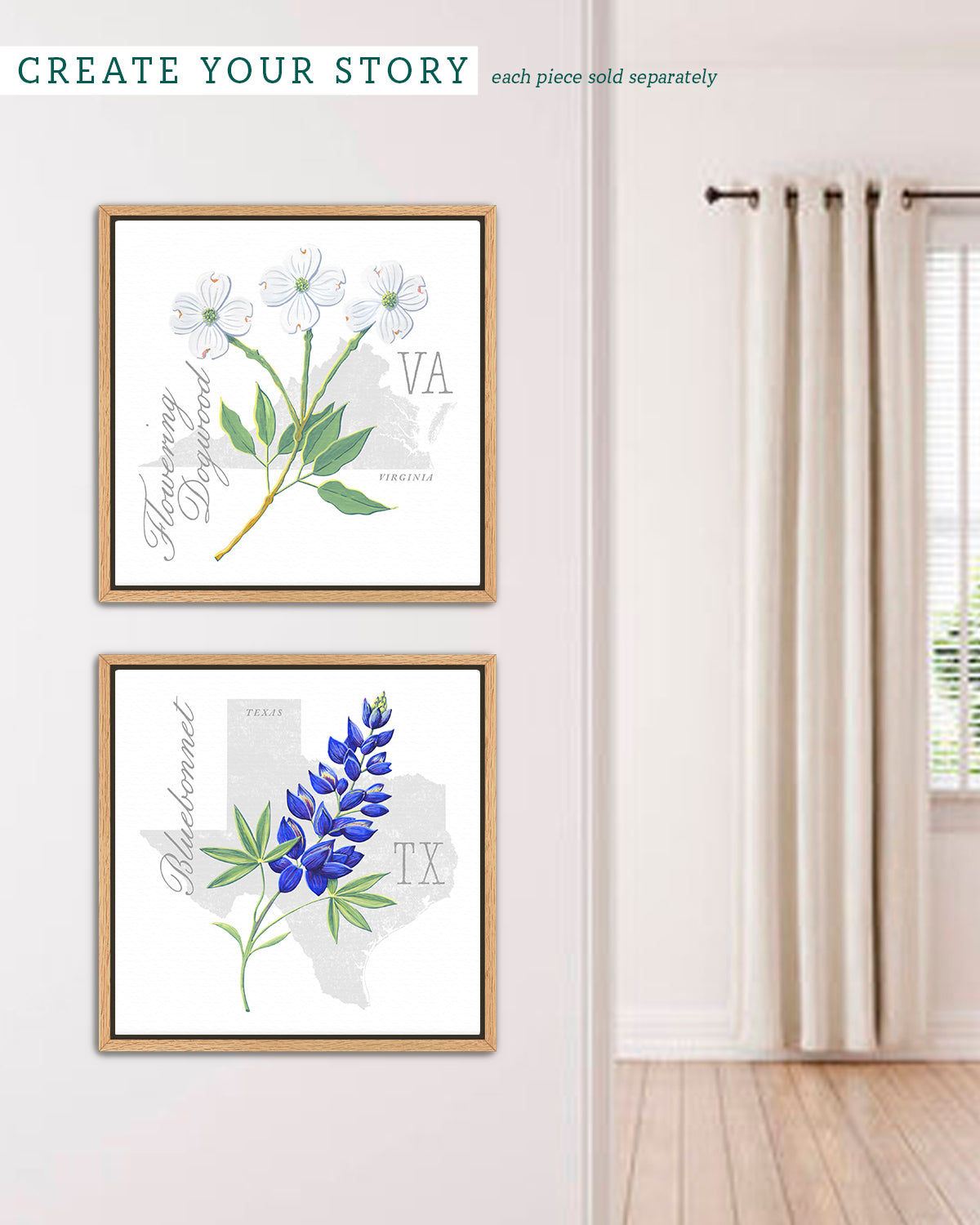Virginia (Flowering Dogwood) state flower fine art print, classic botanical style on white background. Oak frame available.