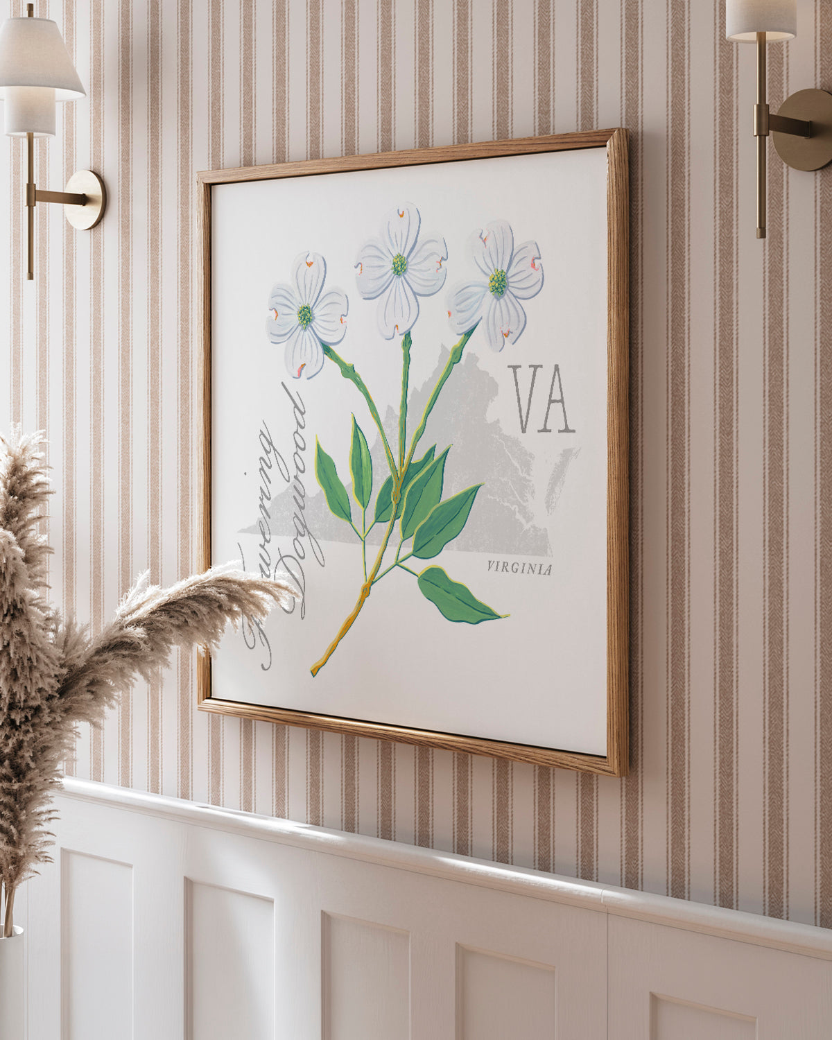 Virginia (Flowering Dogwood) state flower fine art print, classic botanical style on white background. Oak frame available.