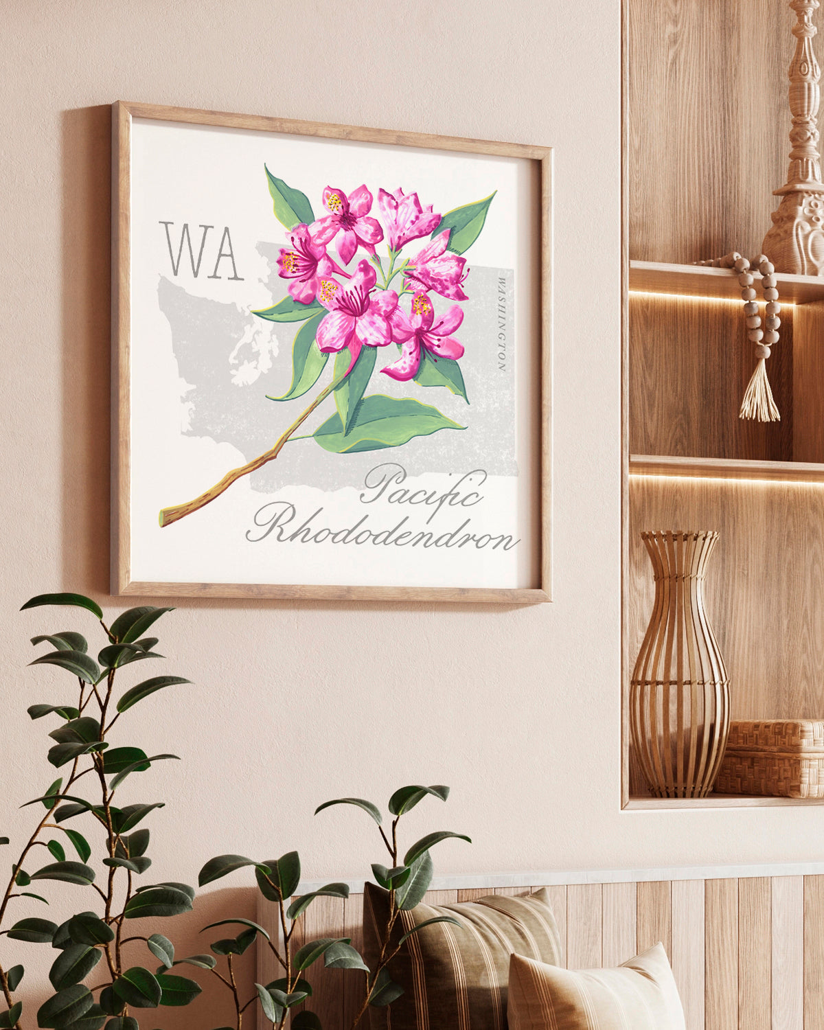 Washington (Pacific Rhododendron) state flower fine art print, classic botanical style on white background. Oak frame available.