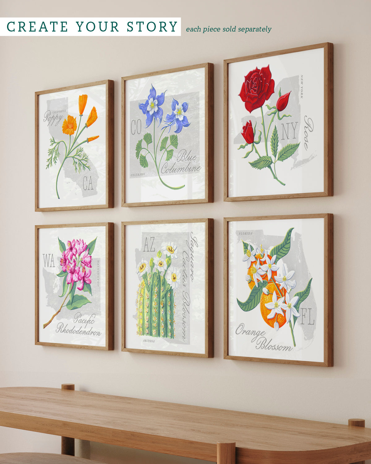 Washington (Pacific Rhododendron) state flower fine art print, classic botanical style on white background. Oak frame available.