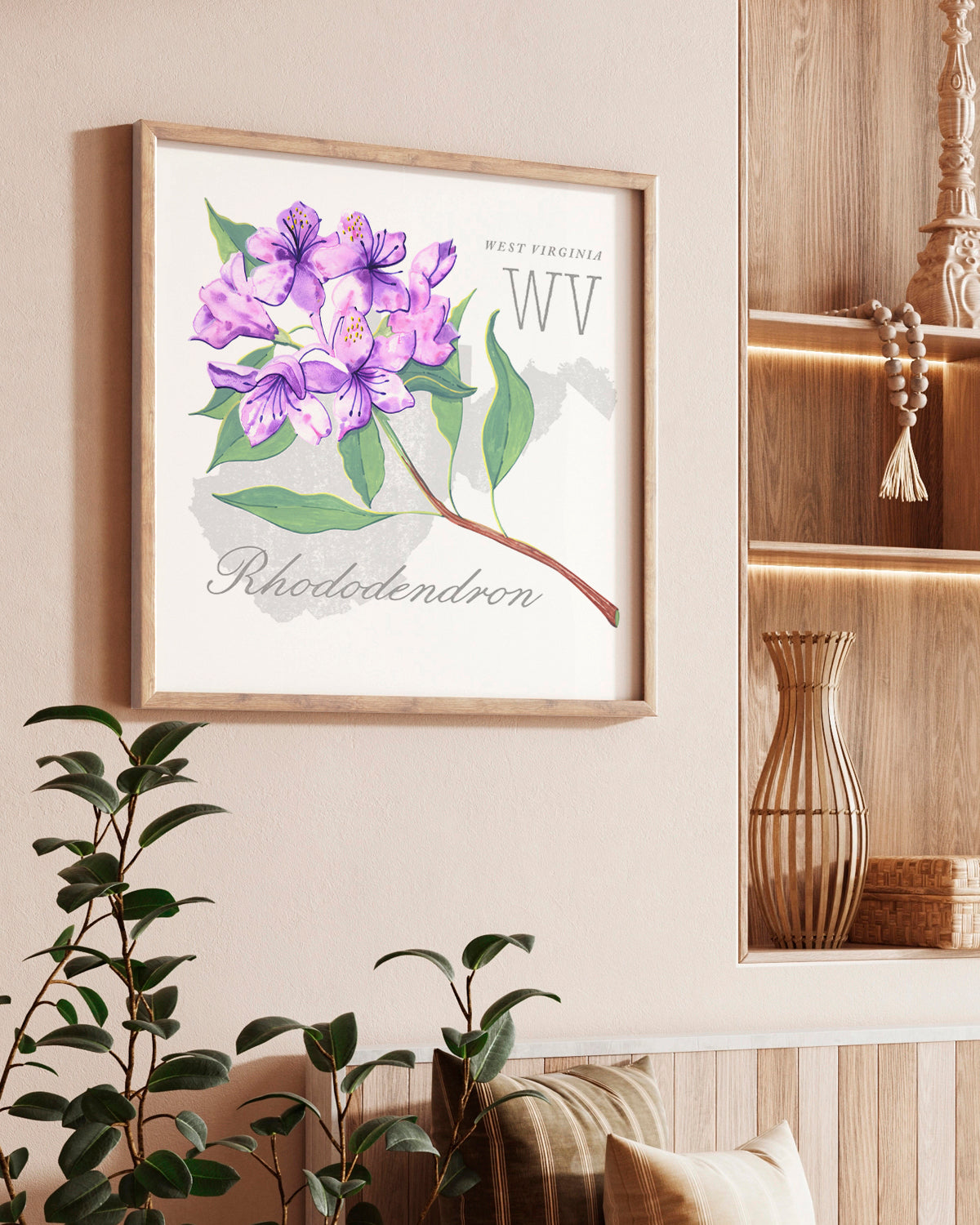 West Virginia (Rhododendron) state flower fine art print, classic botanical style on white background. Oak frame available.