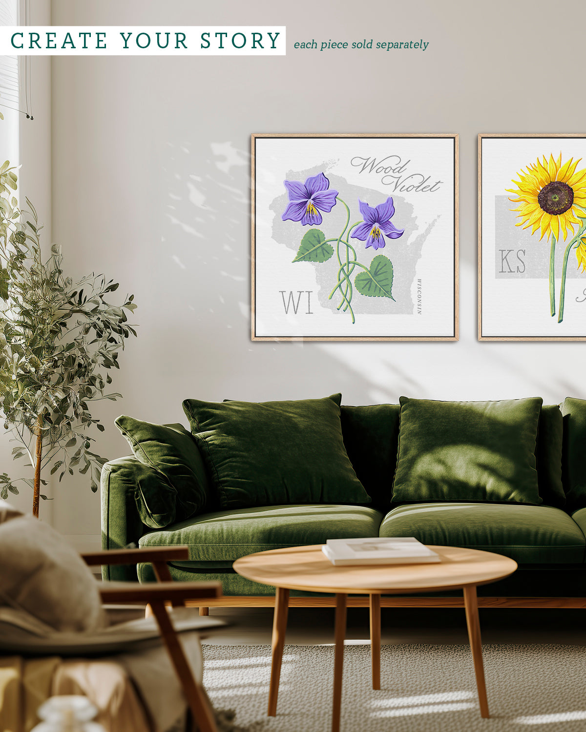 Wisconsin (Wood Violet) state flower fine art print, classic botanical style on white background. Oak frame available.