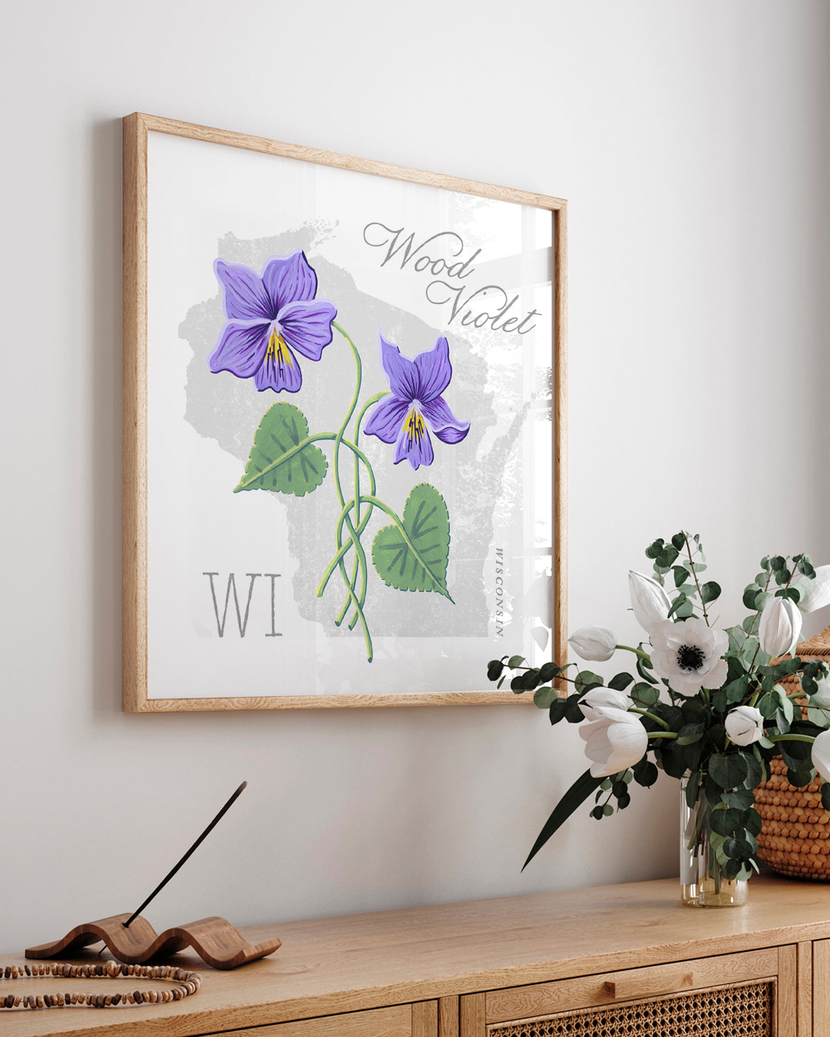 Wisconsin (Wood Violet) state flower fine art print, classic botanical style on white background. Oak frame available.