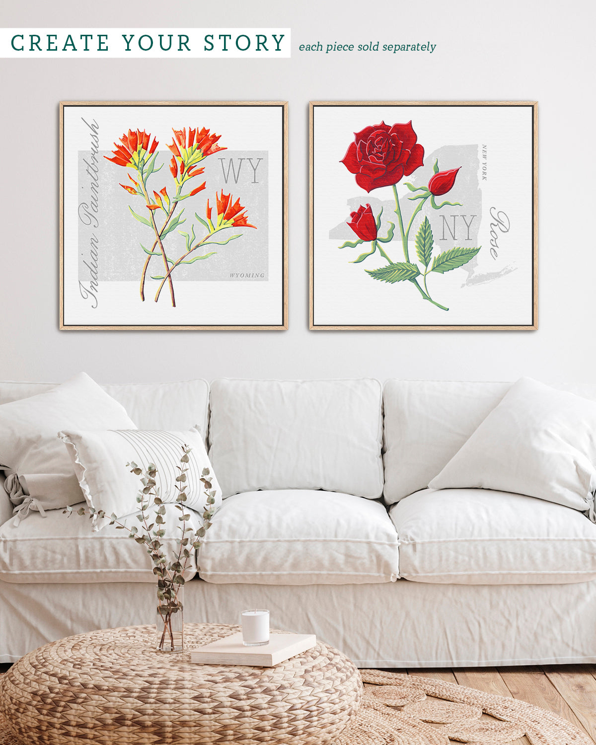 Wyoming (Indian Paintbrush) state flower fine art print, classic botanical style on white background. Oak frame available.