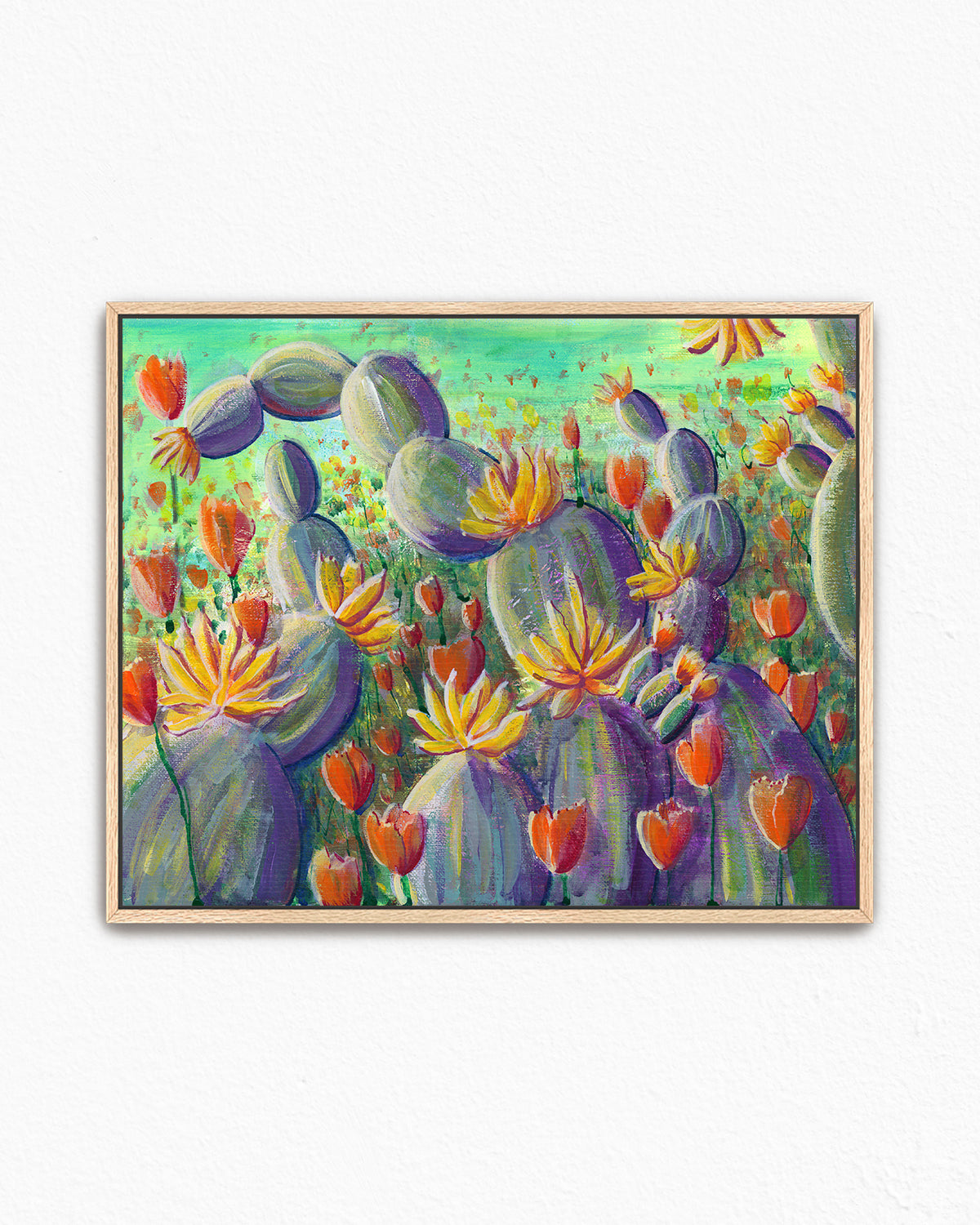 Flowering Cacti No. 002 framed canvas art print featuring flowering cacti and poppies.