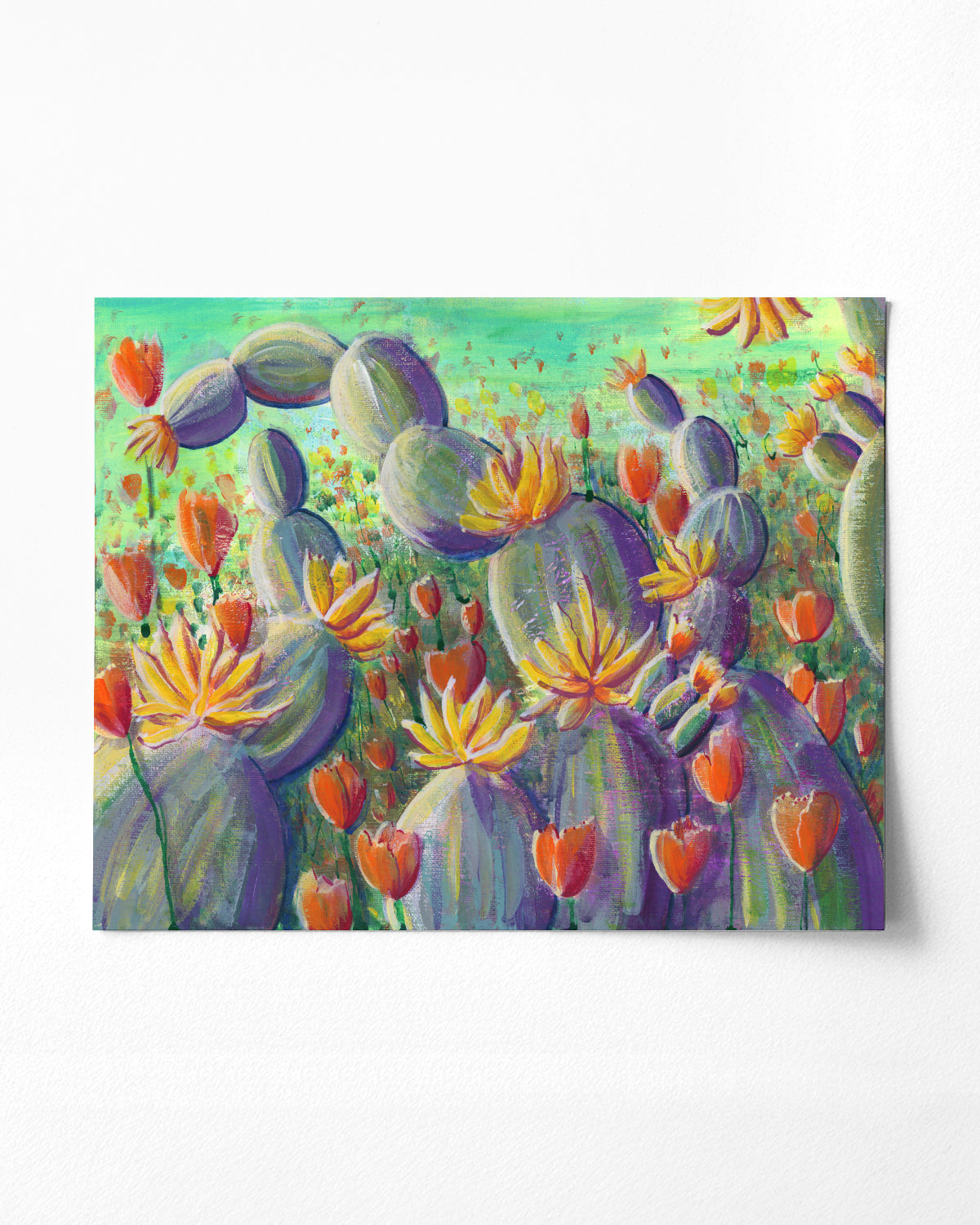 Flowering Cacti No. 002 art print featuring flowering cacti and poppies. 