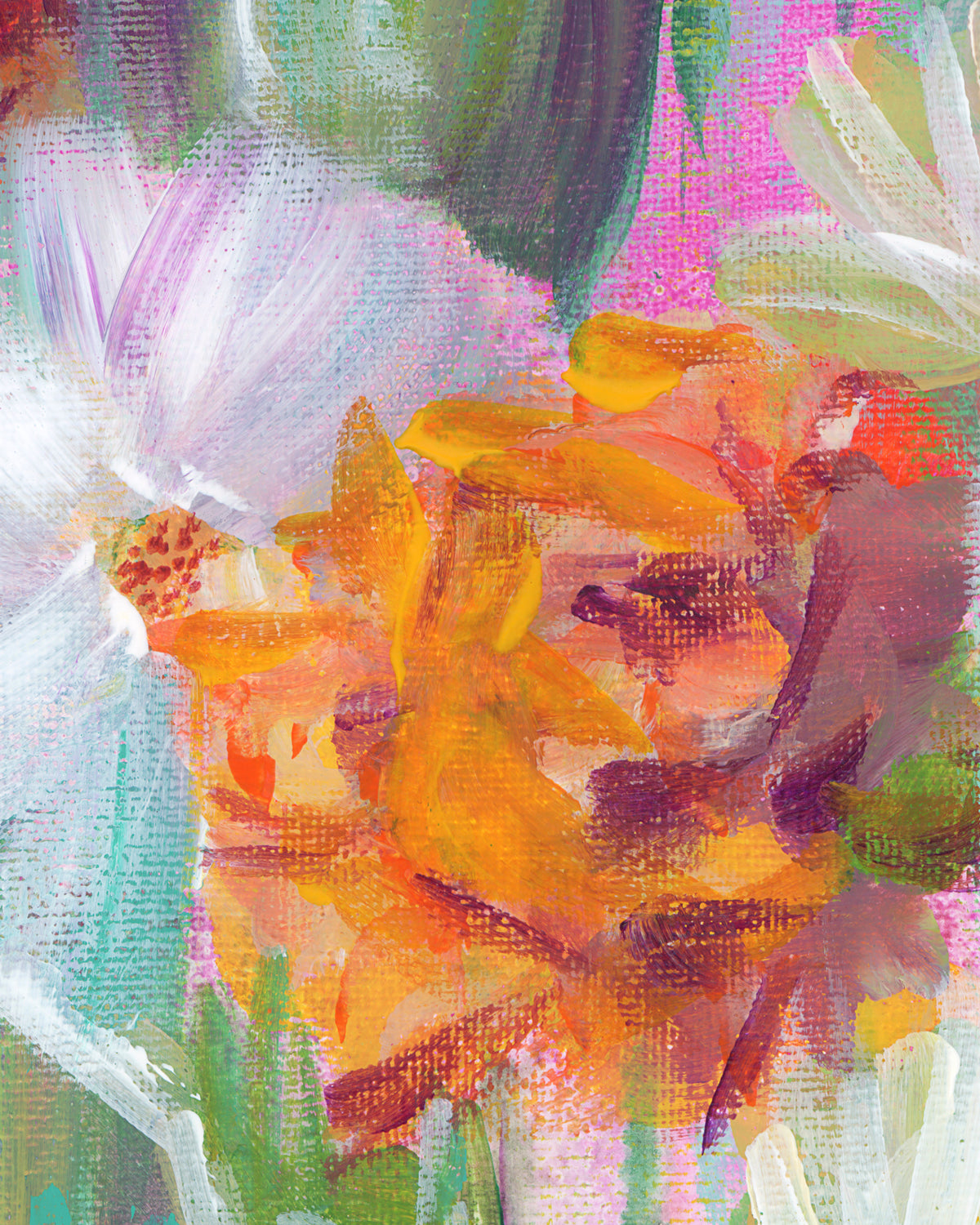 Close-up of an abstract floral painting with expressive brushstrokes in yellow, orange, purple, green, and white, filling the frame.