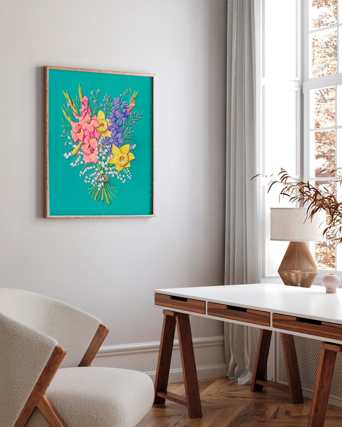 Colorful flower artwork by Jen Montgomery with a teal background