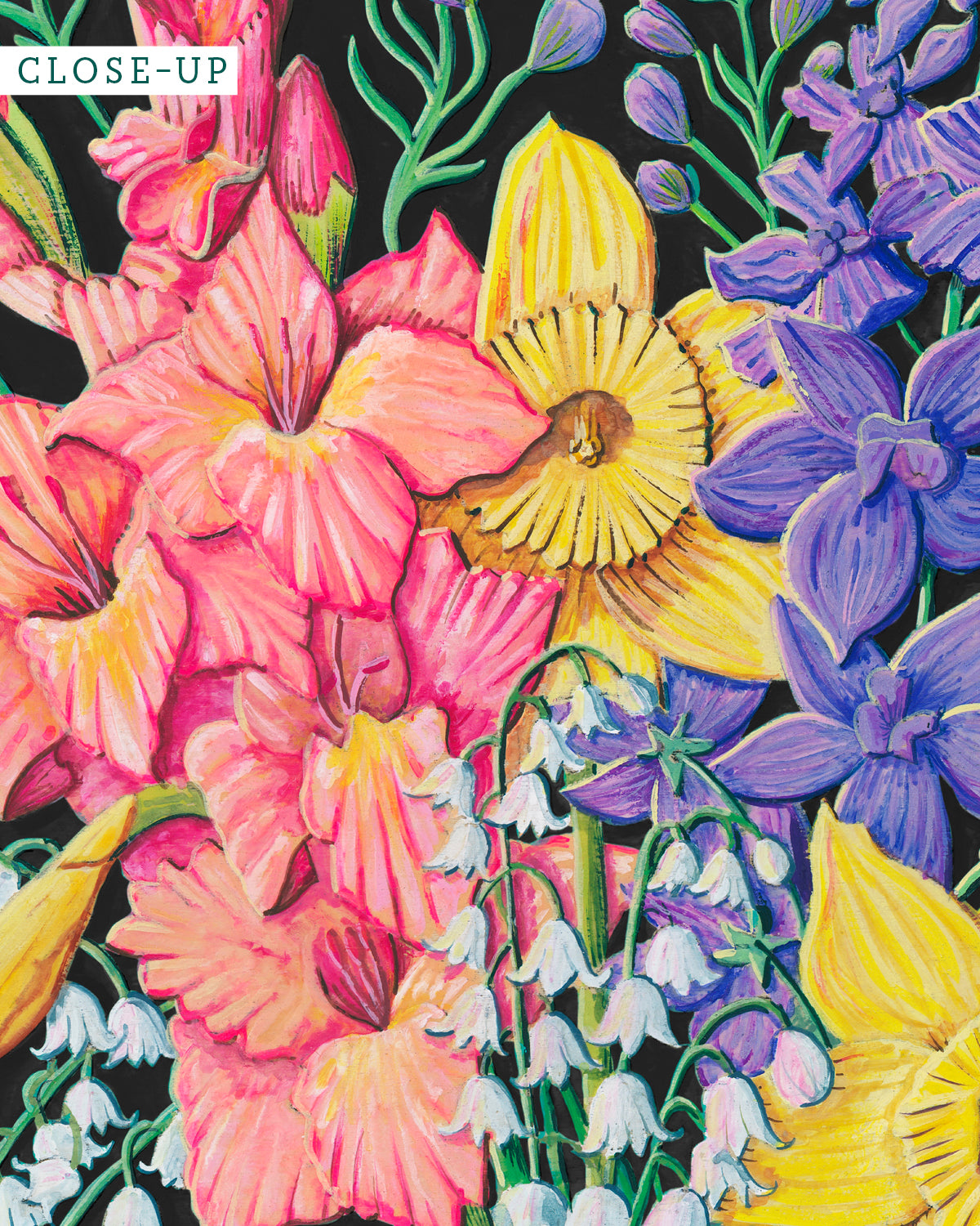 Close-up of colorful flower artwork by Jen Montgomery with a black background